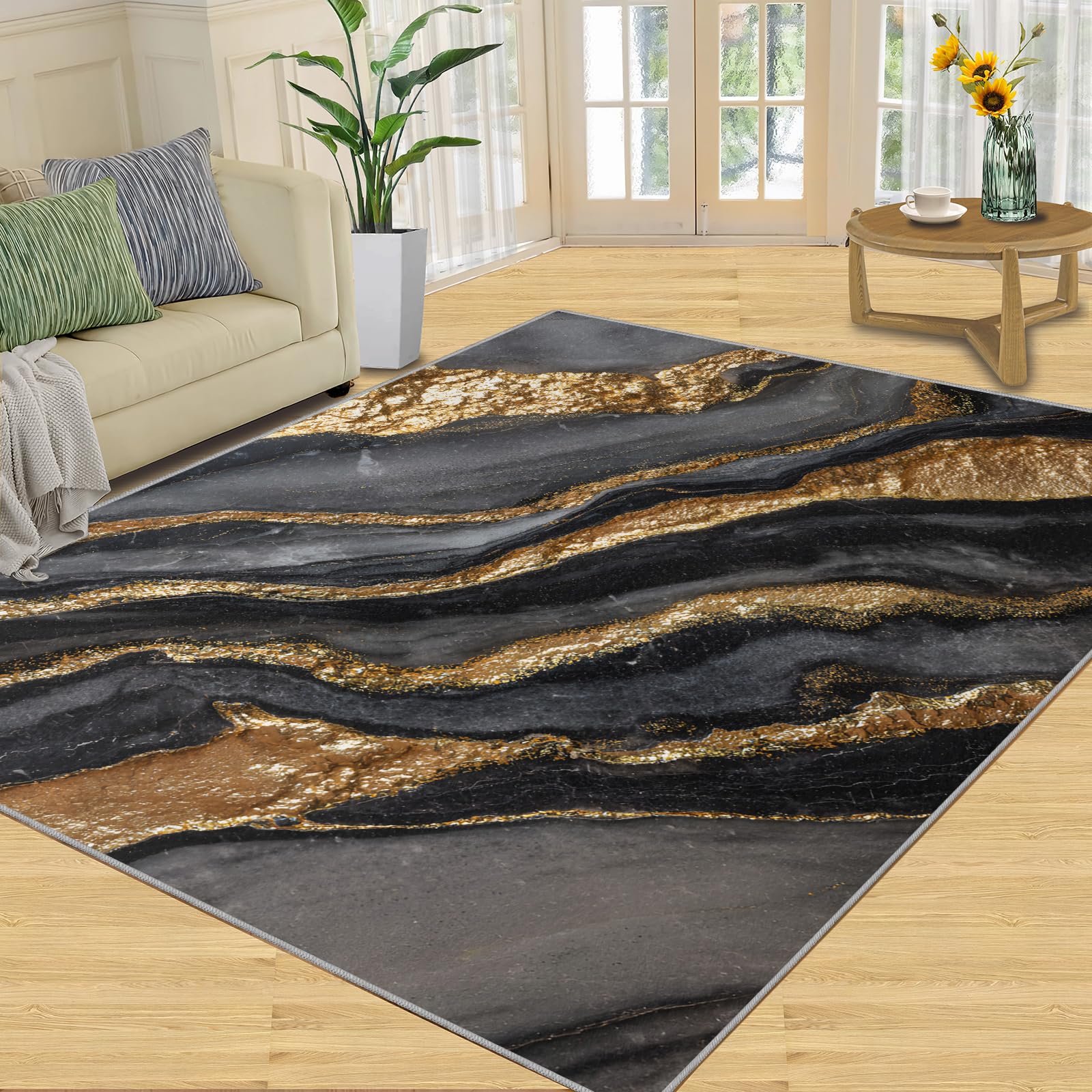 Tapis marbre abstrait lavable 200x290 cm anti-tache de salon