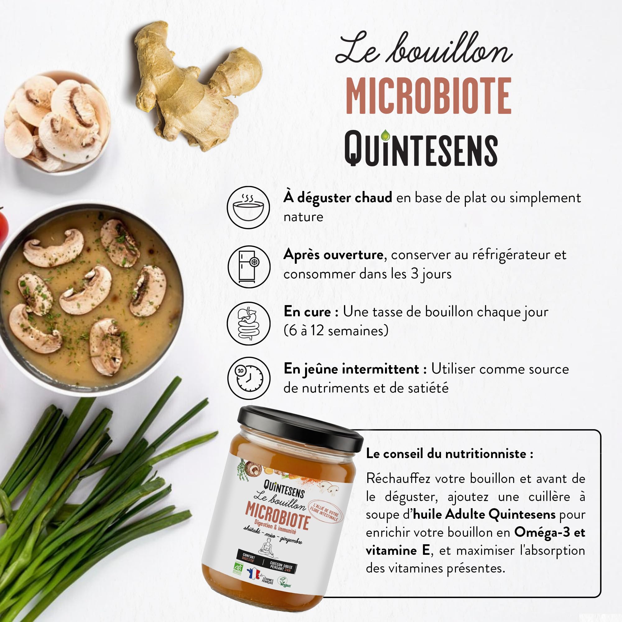 Lot de 3 Bouillons Microbiote QUINTESENS 515 ml – Équilibre Flore Intestinale & Digestion – Miso, Gingembre & Shiitaké – Confort Digestif – 100% Bio & Végan – Cuisson Douce 24h