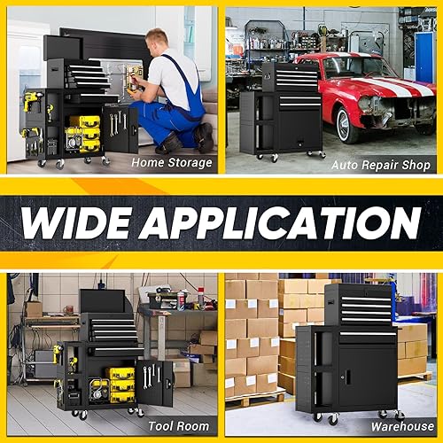 Miniatura 8 de Caja de herramientas con ruedas con 5 cajones, exclusiva caja de herramientas 3 en 1 combinada con carrito de utilidad extraíble de 2 neumáticos,