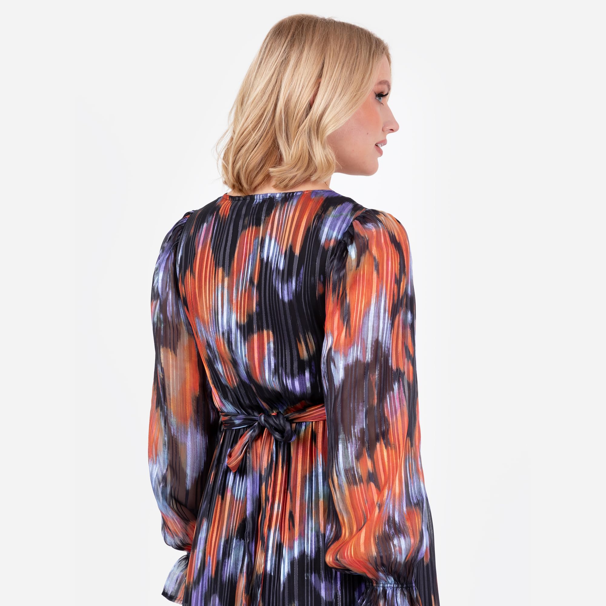 Lovedrobe Women's Midaxi Dress Ladies Ankle-Length Long Sleeve V-Neck Faux-Wrap Front Tie Belt Abstract Print A-Line Evening Party