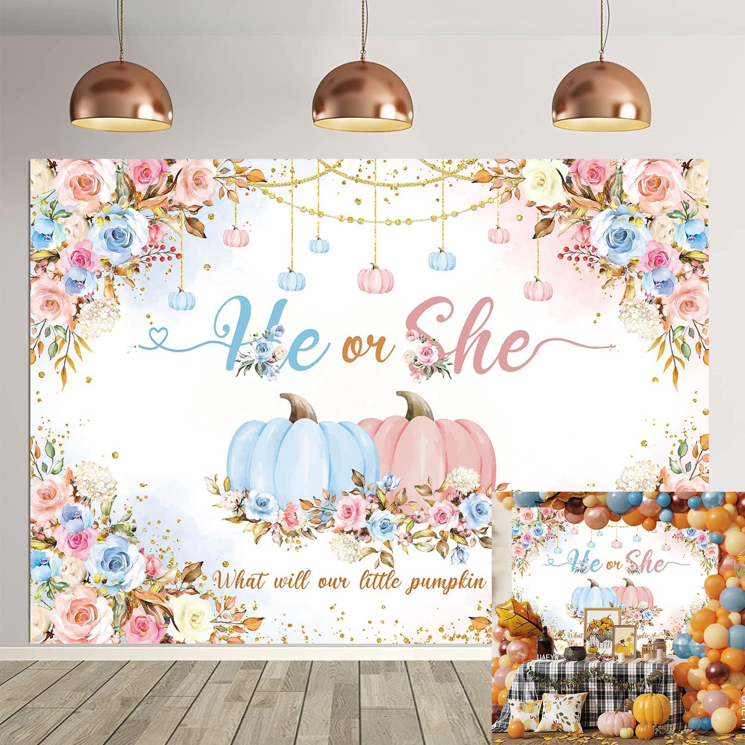 Fall Pumpkin Gender Reveal Backdrop Autumn Theme He or She What Will Our Little Pumpkin Be Photography Background for Boy or Girl Baby Shower Newborn Party Decorations Supplies (70x40 inch (6x4FT))