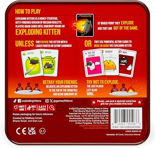 Miniatura 5 de Exploding Kittens Edición Original en Lata Coleccionable - Divertido y Hilarante Juego de Cartas para Niños y Adultos, Ideal para Noche de Juegos en