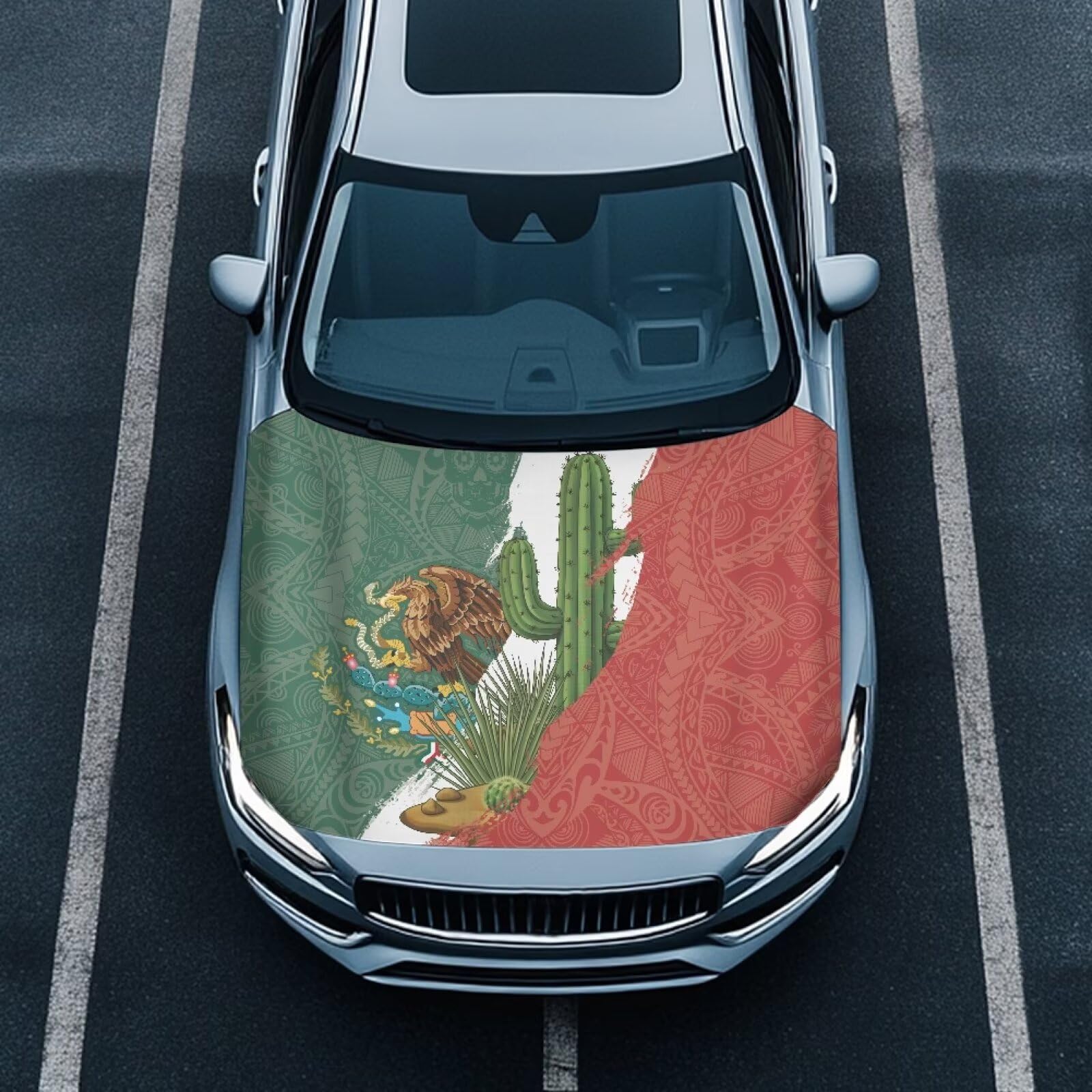 Renewold Car Hood Cover, Mexico Flag Tropical Cactus, Party Holiday Camping Covers for Cars, Vehicle Hood Wrap Blanket, Women Men Automotive Exterior Accessories, for Outdoor Indoor