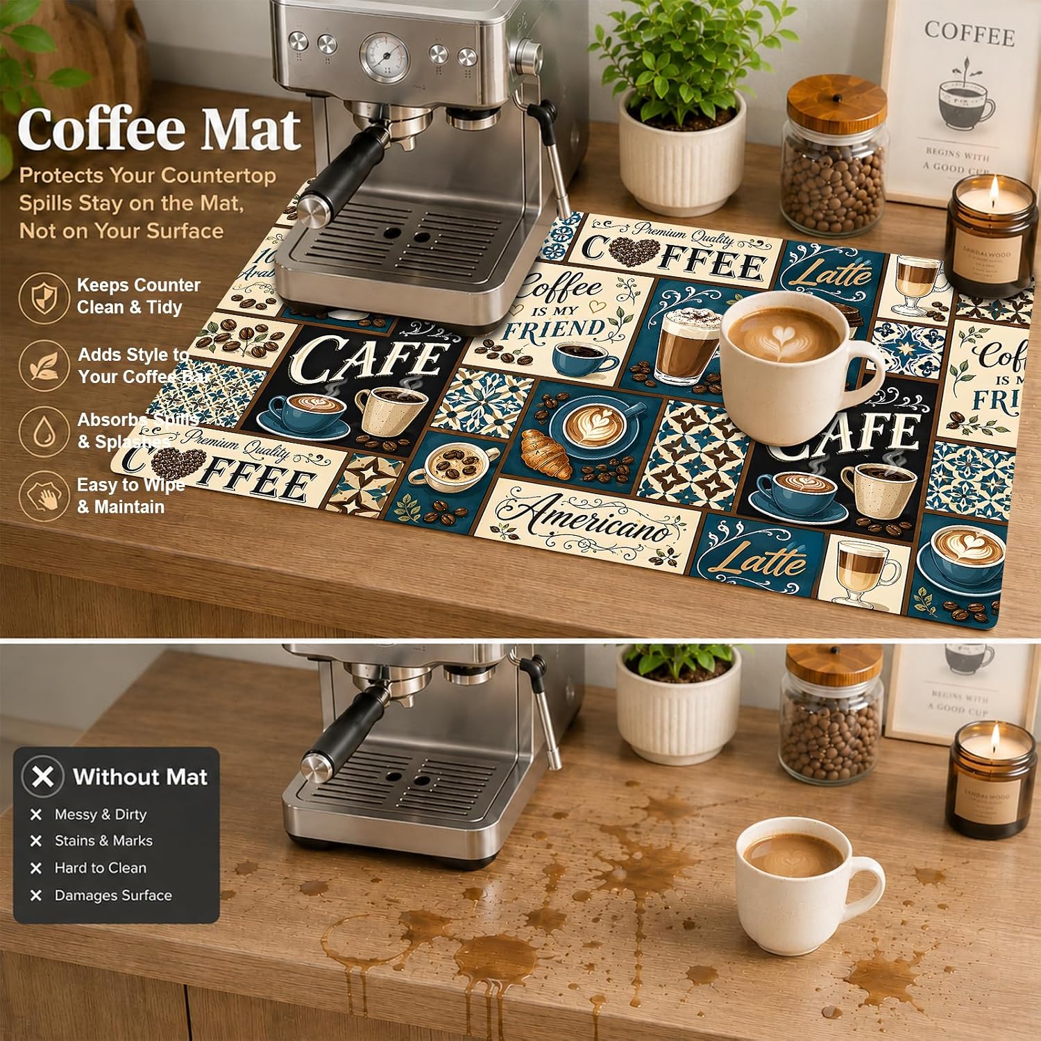 Coffee Maker Mat for Countertop 16" x 24", Vintage Coffee Bar Station Espresso Machine Coffee Pot Mats for Countertop, Dish Drying Mat Pad for Kitchen Counter Accessories