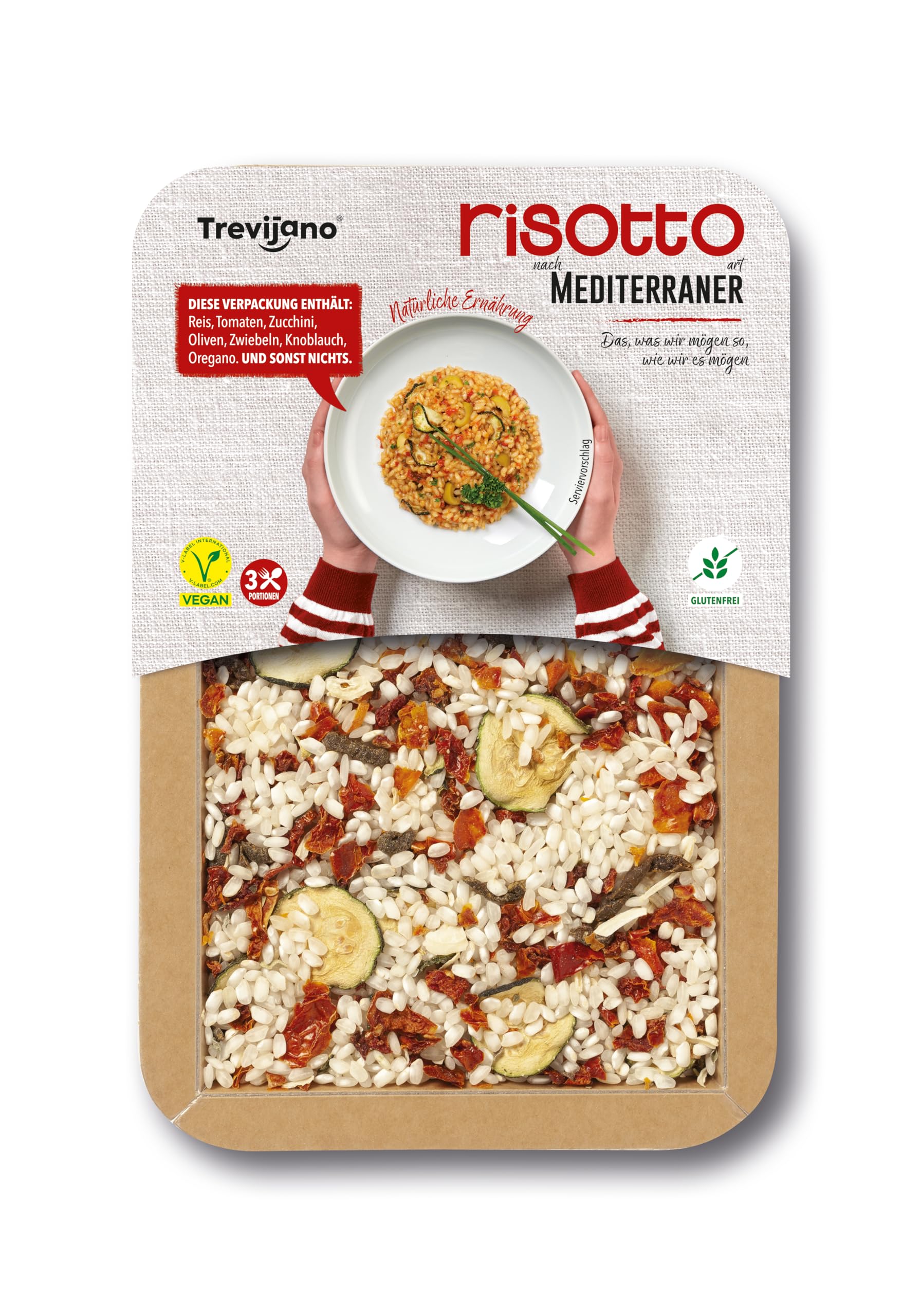 Trevijano Mediterranes Risotto: 6 Tabletts à 280g. Ohne Zusatzstoffe oder Konservierungsmittel, nur getrocknete pflanzliche Zutaten: Reis, Tomate, Zucchini, Knoblauch, Oliven, Zwiebel, Oregano.