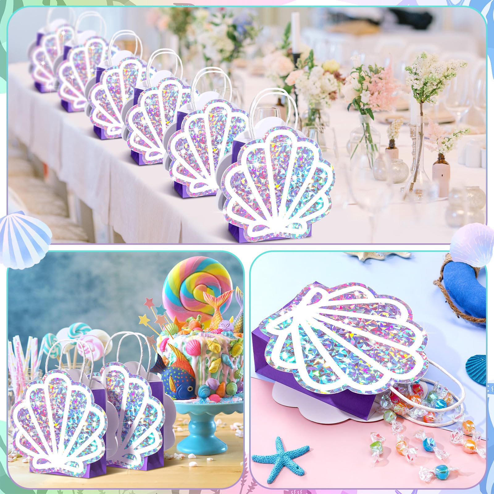 Locmeo 12 Pack Sea Shell Gift Bags Mermaid Goodie Bags Party Favor Iridescent with Handle for Under The Sea Party Summer Ocean Beach Birthday Wedding Shower Celebration Supply Decoration (Holographic)