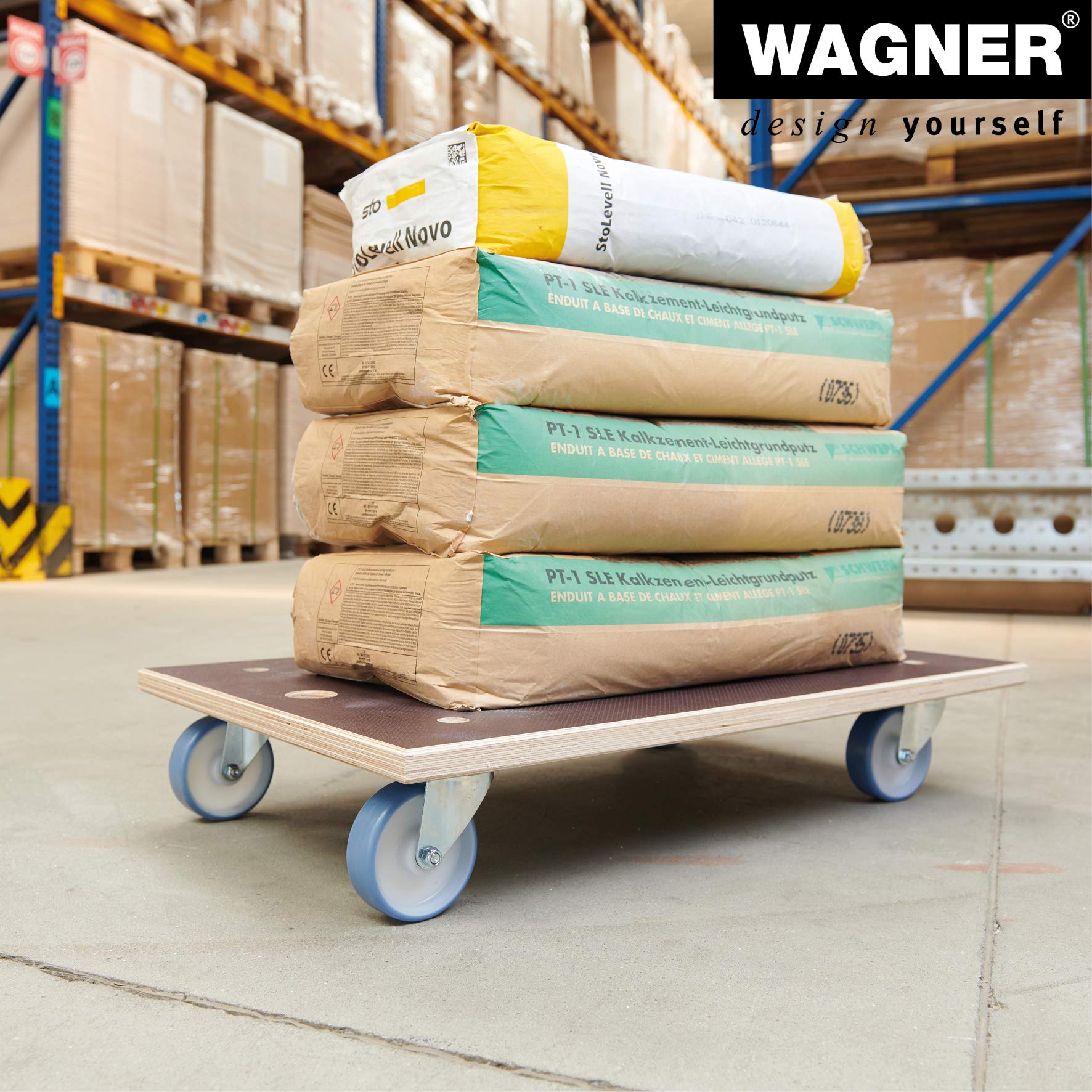 WAGNER Transportroller Transporthilfe 1146 I Schichtholz 24 mm mit Grip 78 x 49 x 15 cm, Tragkraft 500 kg I Schwerlastroller für Umzug, Werkstatt, Handwerk I Möbelroller Softrollen I FSC® I Made in DE