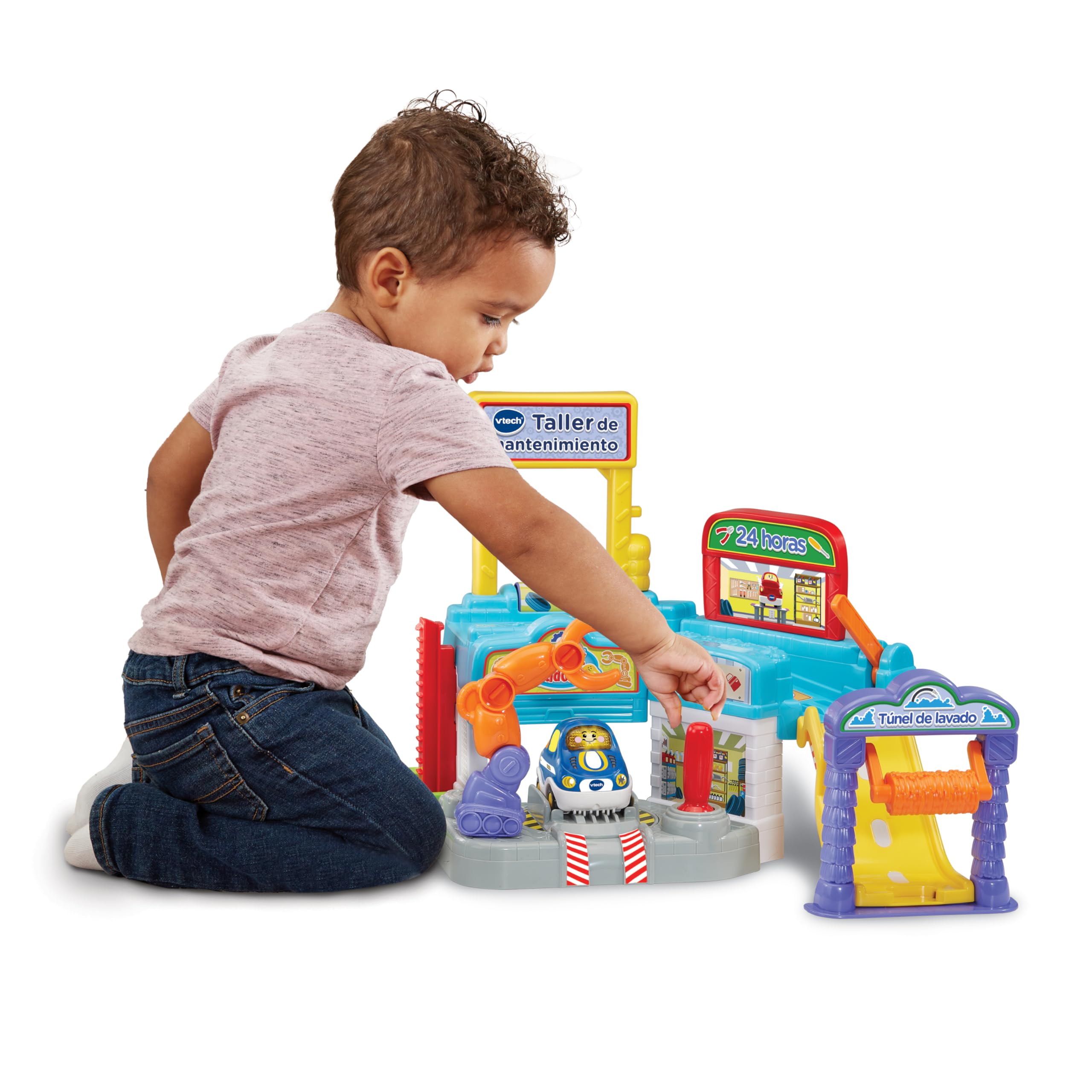 VTech - Taller de Mantenimiento TutTut Bólidos, Circuito y Playset Interactivo de Juguete, Incluye un Coche, Ascensor, Rampas, Túnel de Lavado, Regalo niños +1 año, Versión ESP