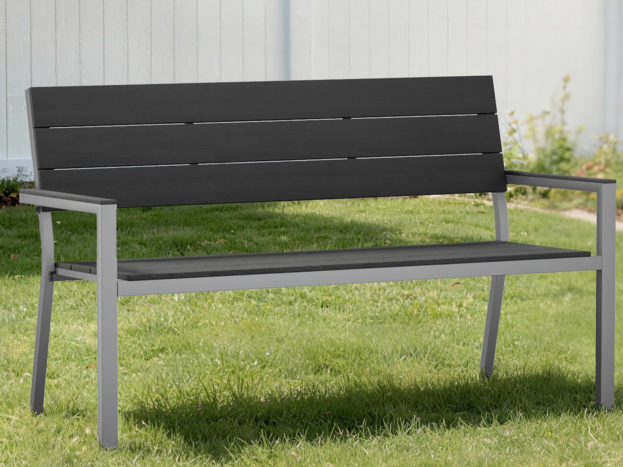UDPATIO Gartenbank Wetterfeste in Holzoptik, Metall Sitzbank Outdoor für Balkon & Garten, Parkbank 2–3 Sitzer,Stabile Balkonbank mit Rücken & Armlehnen, Hellgrau
