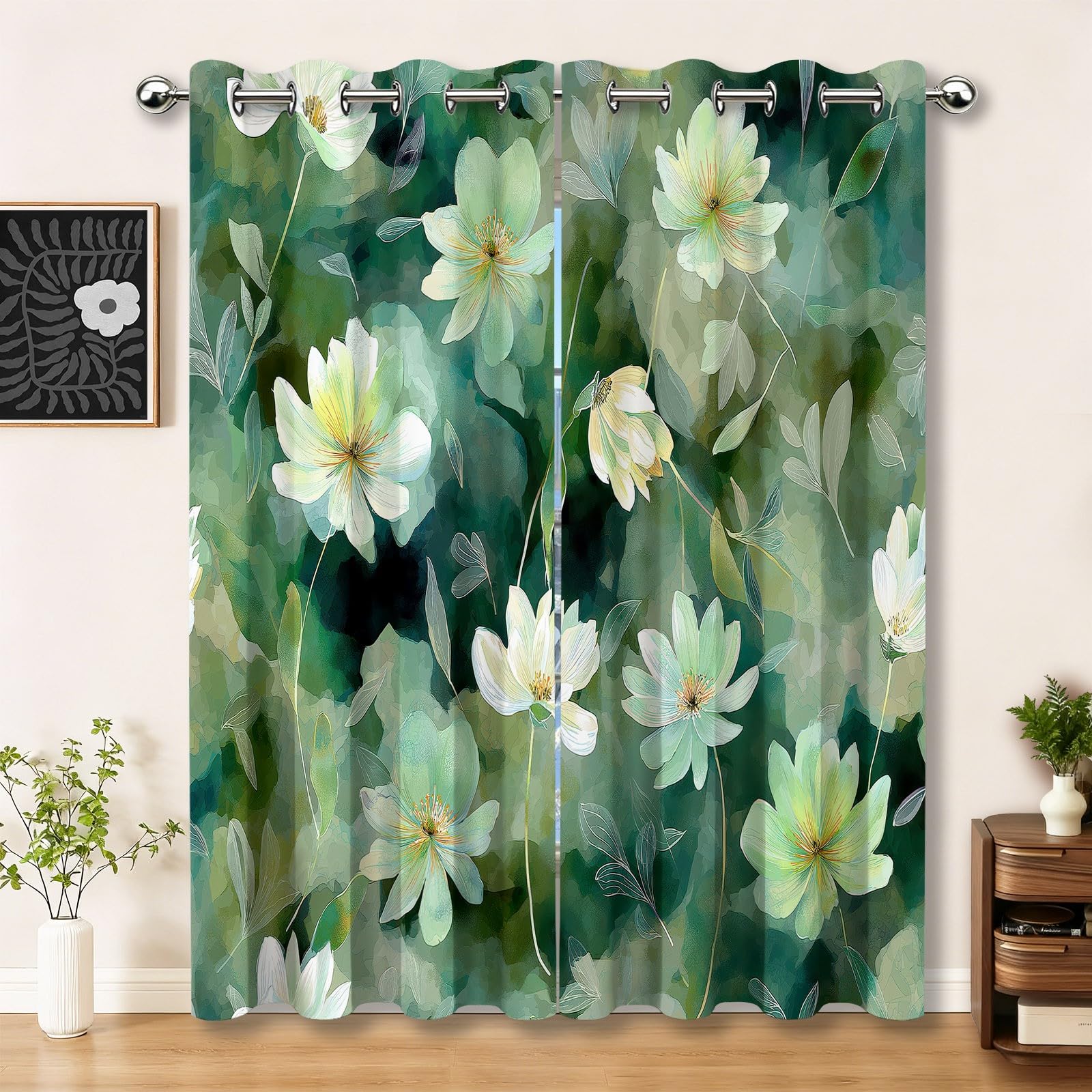 Rideaux occultants verts à œillets motif lotus thermique anti-froid pour salon 110x215 cm
