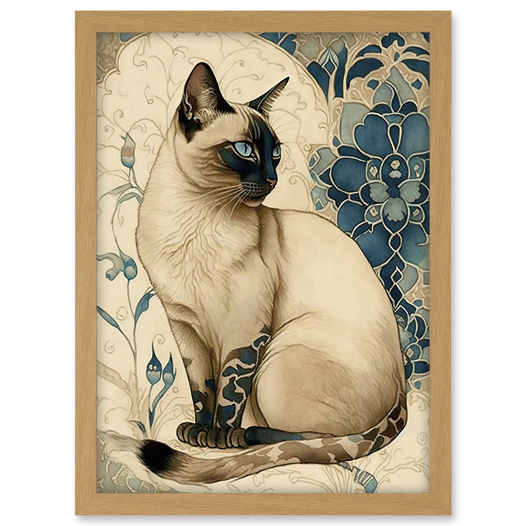 Artery8 Siamese Cat with Blue Flower Pattern Modern Art Nouveau Watercolour Illustration Artwork Framed A3 Wall Art Print