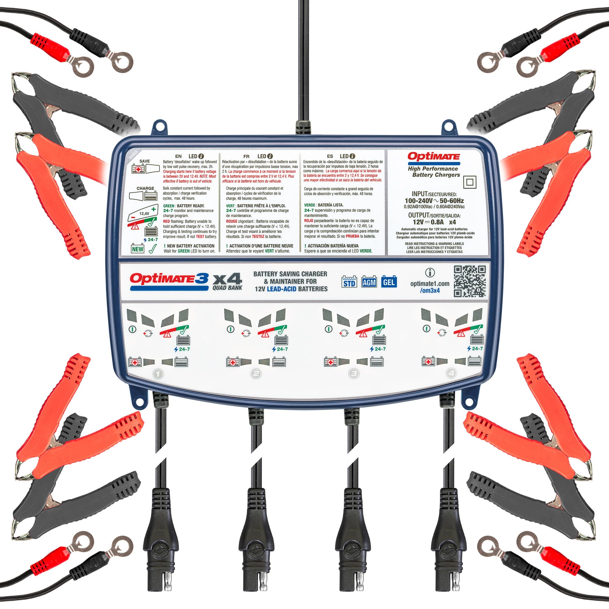 Tecmate OptiMate3 0.8A x4 Bank, Smart Quad-Bank Battery Saving Charger for 12V Lead-acid Motorcycle and Powersport Batteries