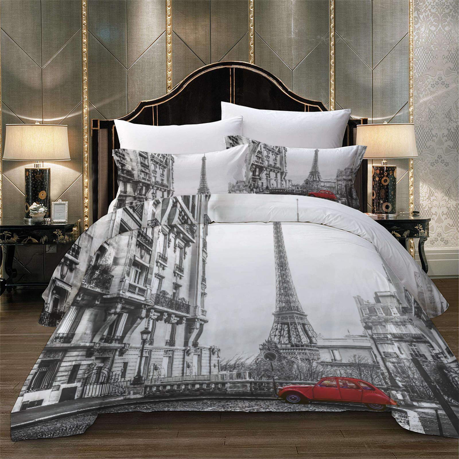 Housse couette 240x220 avec 2 taies d'oreiller 65x65 scène de rue blanche adulte