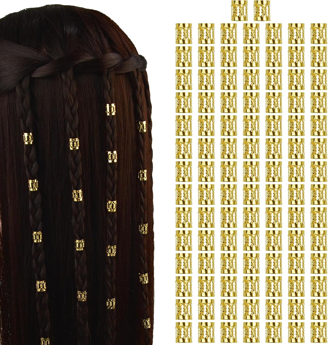 100 Pcs Dreadlocks Beads Metal Hair Cuffs Hair Braiding Rings Braid Clips for Women Hair Accessories (Gold)
