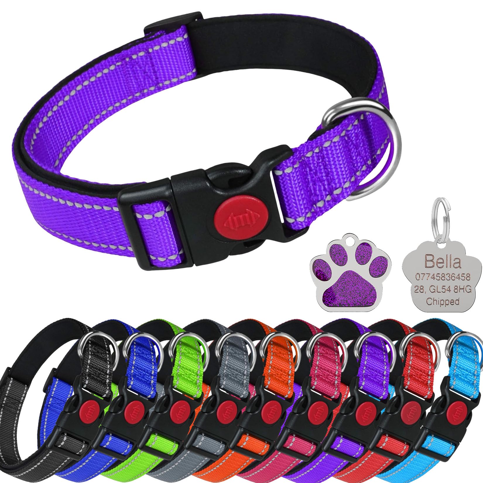 LARRYROO Reflective Dog Soft Padded Nylon Collar | Slide Lock Safety Buckle | Fully Adjustable With Personalised Engraved Glitter Paw Shaped Tag (Purple, Medium (35cm - 50cm Neck))