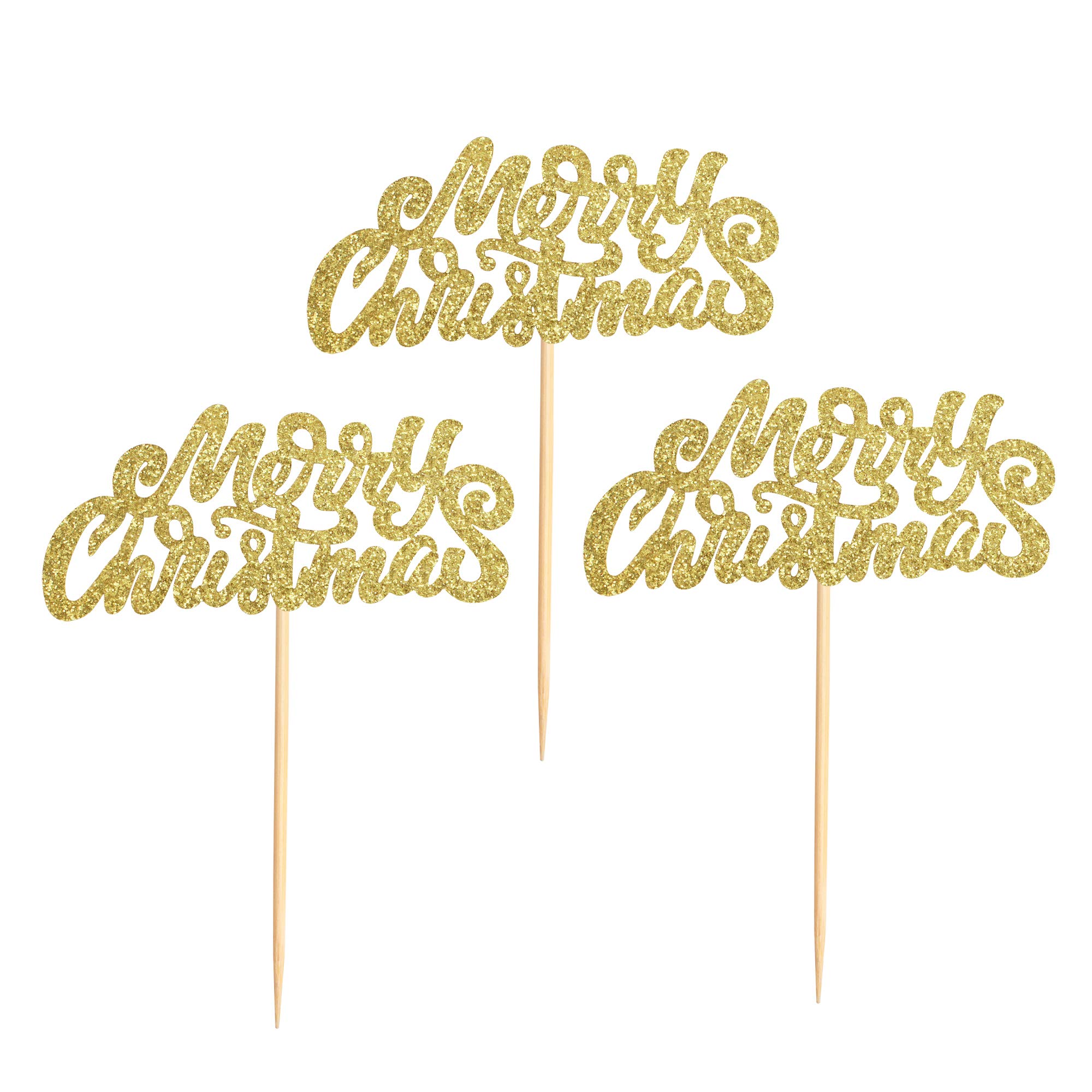 36Pcs Gold Glitter Merry Christmas Cupcake Toppers - Cake Toothpick Flags for Holiday Party Decorations and Supplies