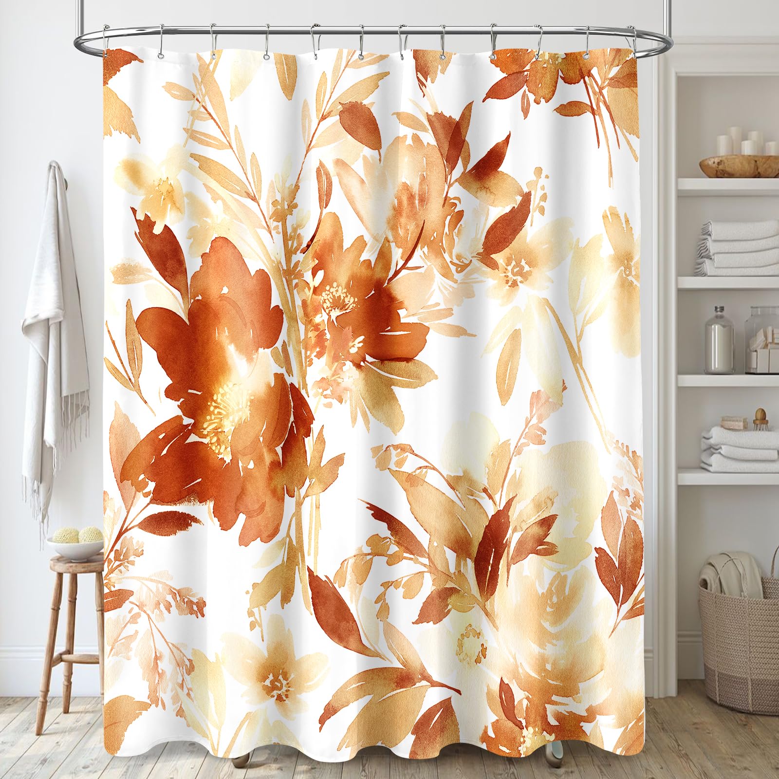 MAYZUS Orange Shower Curtain, Watercolor Floral Shower
