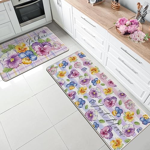 Miniatura 2 de Tailus Juego de 2 alfombras de cocina con flores florales de primavera y verano, Just Bloom y reúne hojas de pensamiento moradas a cuadros, tapetes
