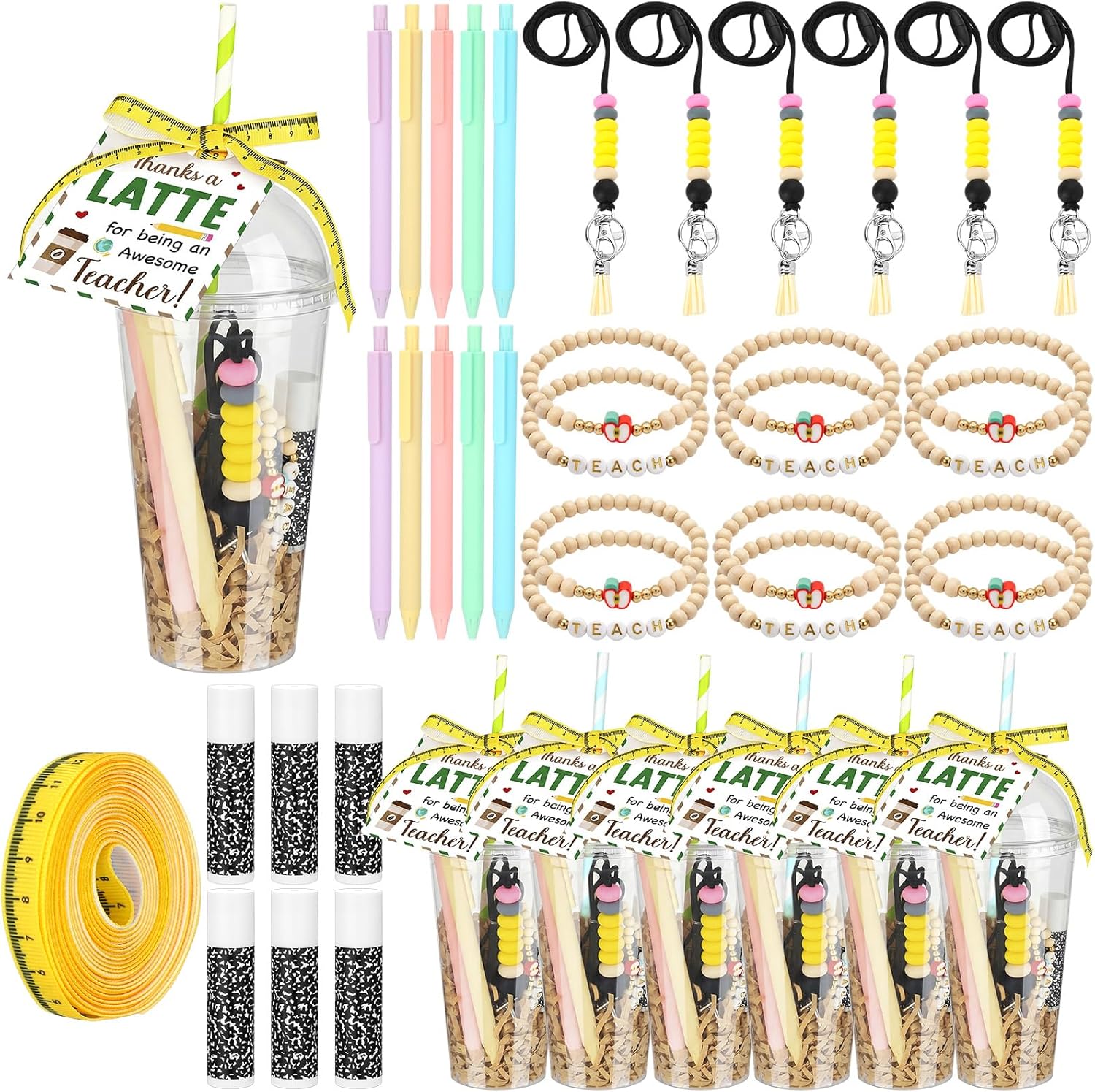 Leelosp 50 Pcs Teacher Appreciation Gifts Coffee Gift Card Holder Plastic Cups Bracelets Lanyards Pastel Pens Lip Balms Teacher Survival Kit from Students End of Year Back to School Party Favors