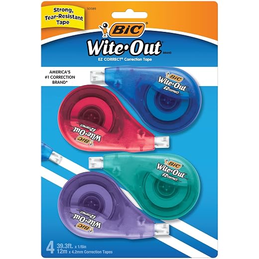 BIC Wite-Out Brand EZ Correct Correction Tape, 39.3 feet, 4-Count Pack of White Fast, Clean and Easy to Use Tear-Resistant Tape Office or School Supplies
