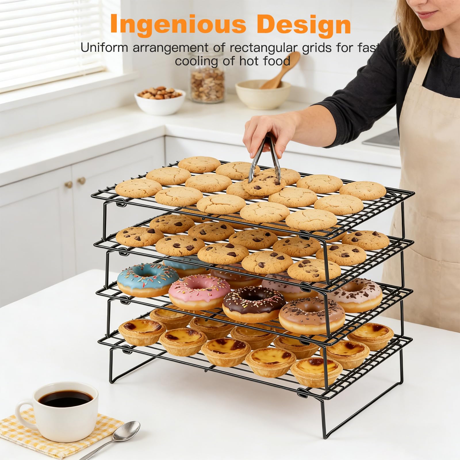 Sifxouped Juego de 4 Rejillas de Enfriamiento Apilables 40 x 25 cm Rejillas para Tartas con Revestimiento Antiadherente Plegables Aptas para Galletas Tartan sin BPA Aptas para Horno Lavavajillas — view 4
