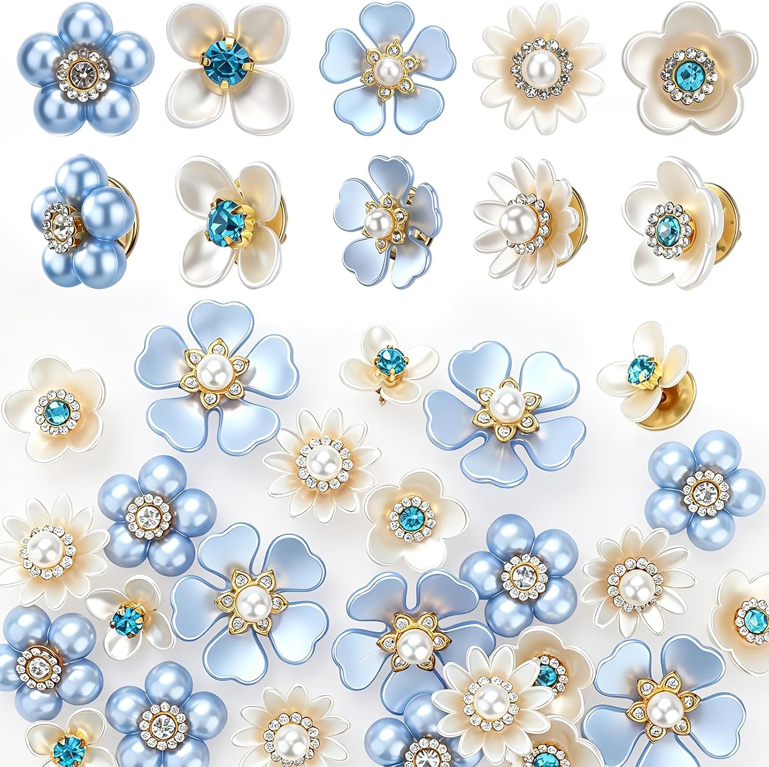50 Pcs Pearl Rhinestone Brooch Pin Flower Embellishments Brooches and Pins for Women Lapel Pins No Sew Button Charms Accessories for Clothes Bags Wedding DIY Crafts, 5 Styles