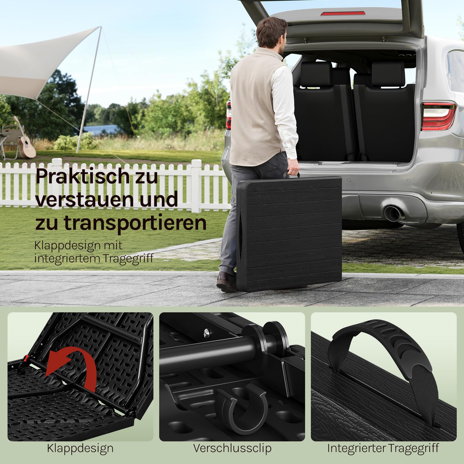 WOLTU Klapptisch 180x74cm, Gartentisch mit Tragegriff, Klappbar & Tragbar & Wetterfest, aus HDPE + Metall, Campingtisch 8 Personen für Garten Terrasse und Balkon, Schwarz