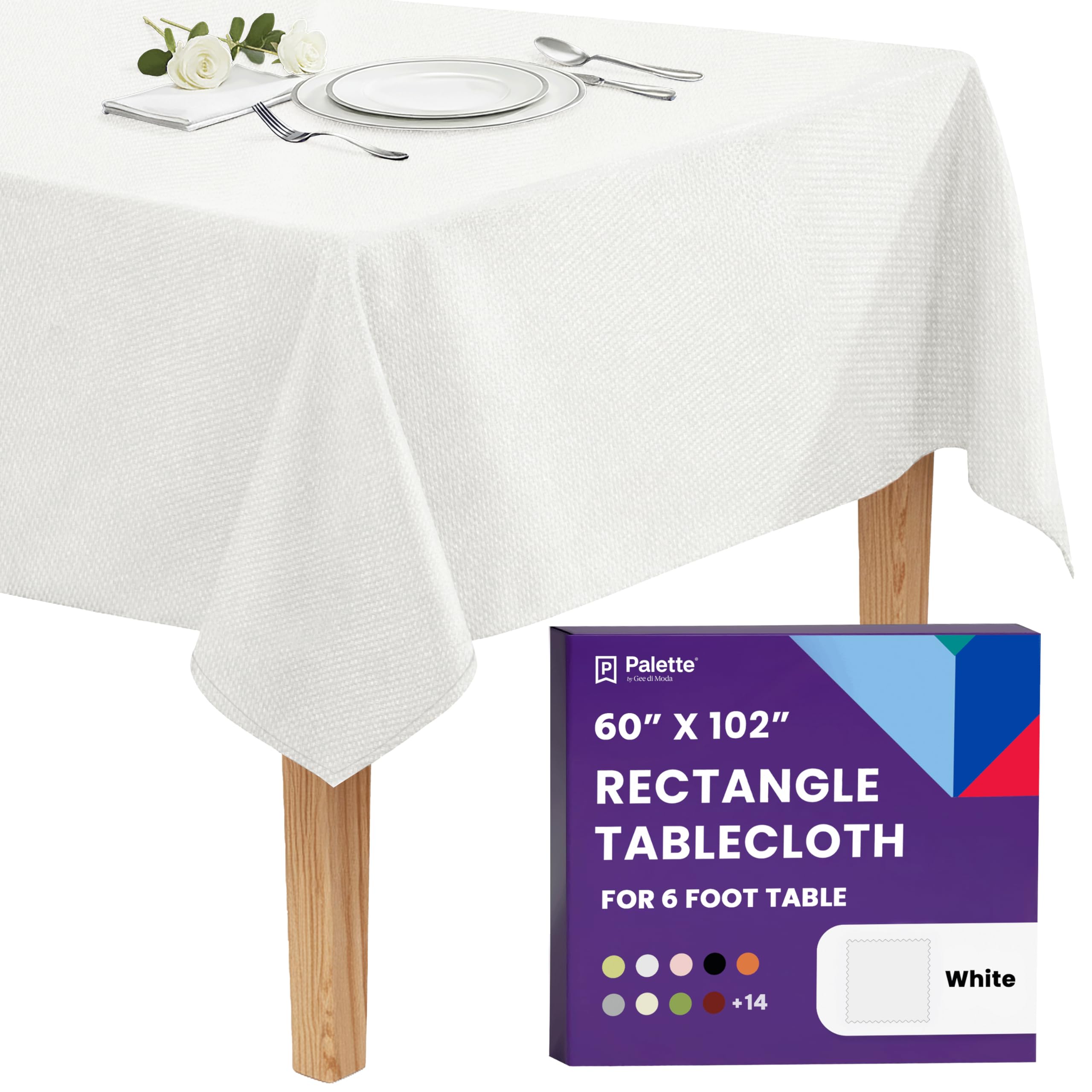 Gee Di Moda Rectangle Tablecloth - 60 x 102 Inch White Table Cloth for 6 Foot Rectangle Tables - Heavy Duty Washable Fabric - for Holiday Party, Dinner, Weddings, Baby Shower &amp; Events