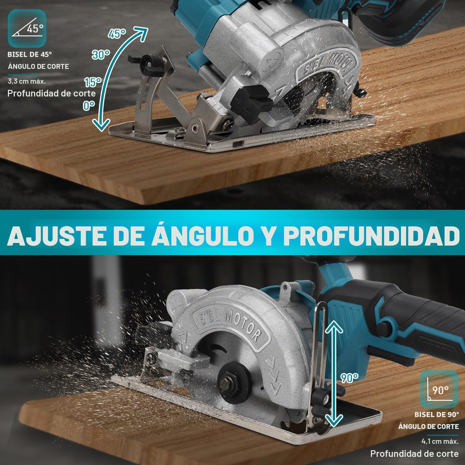 Sierra circular inalámbrica para Makita 18 V batería, mini sierra circular manual Sin cepillo (sin batería), 125mm 2 Hojas, Profundidad de Corte 41mm(90°), 32.5mm(45°), para Madera, Azulejo, Metal
