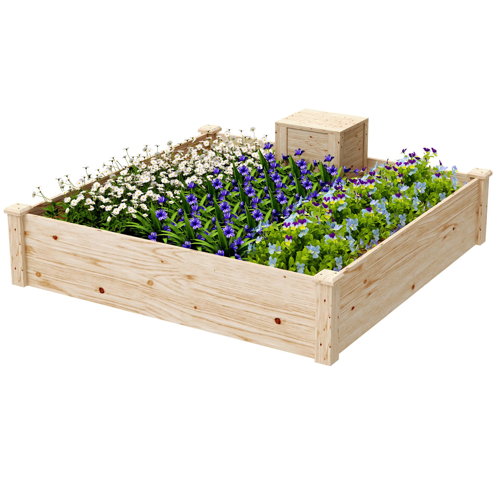 Outsunny Letto per Orto Rialzato da Esterno 123x123x25.5 cm Color Legno | Con Compostiera, Fondo Aperto, Fioriera da Esterno in Legno di Abete, per Piante e Fiori