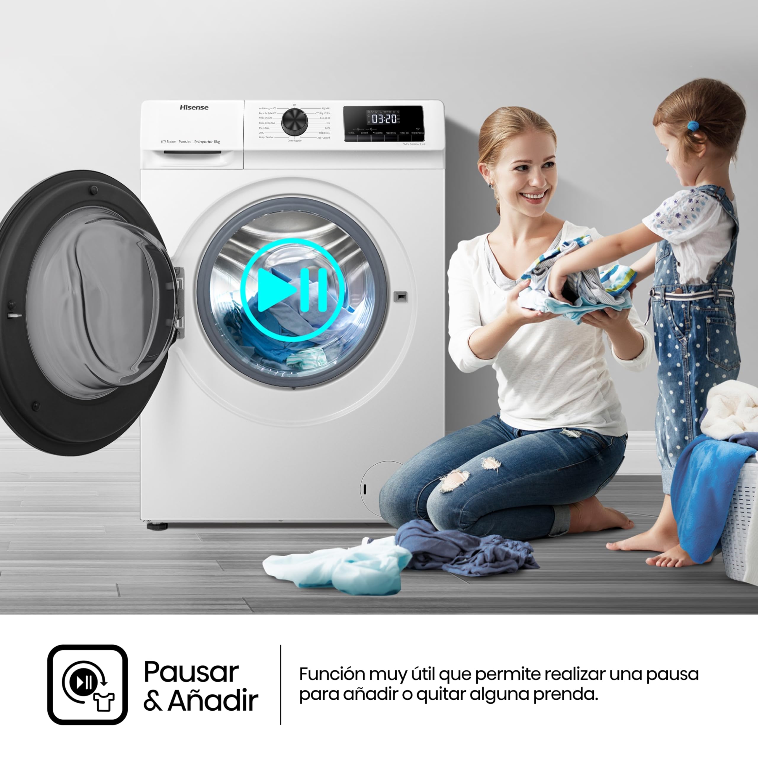 Hisense WFQE8014EVJM Lavadora 8 Kg, 1400 rpm, 15 Programas Automáticos, Vapor, Motor Inverter, Clase Eficiencia Lavado A, Pantalla LED, Programa Rápido, PureJet, Blanco