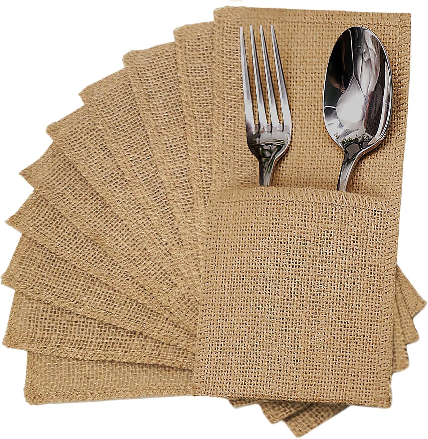 FQTANJU Lot de 50 porte-ustensiles et pochette à couverts en toile de jute naturelle, pour serviettes de table et décoration