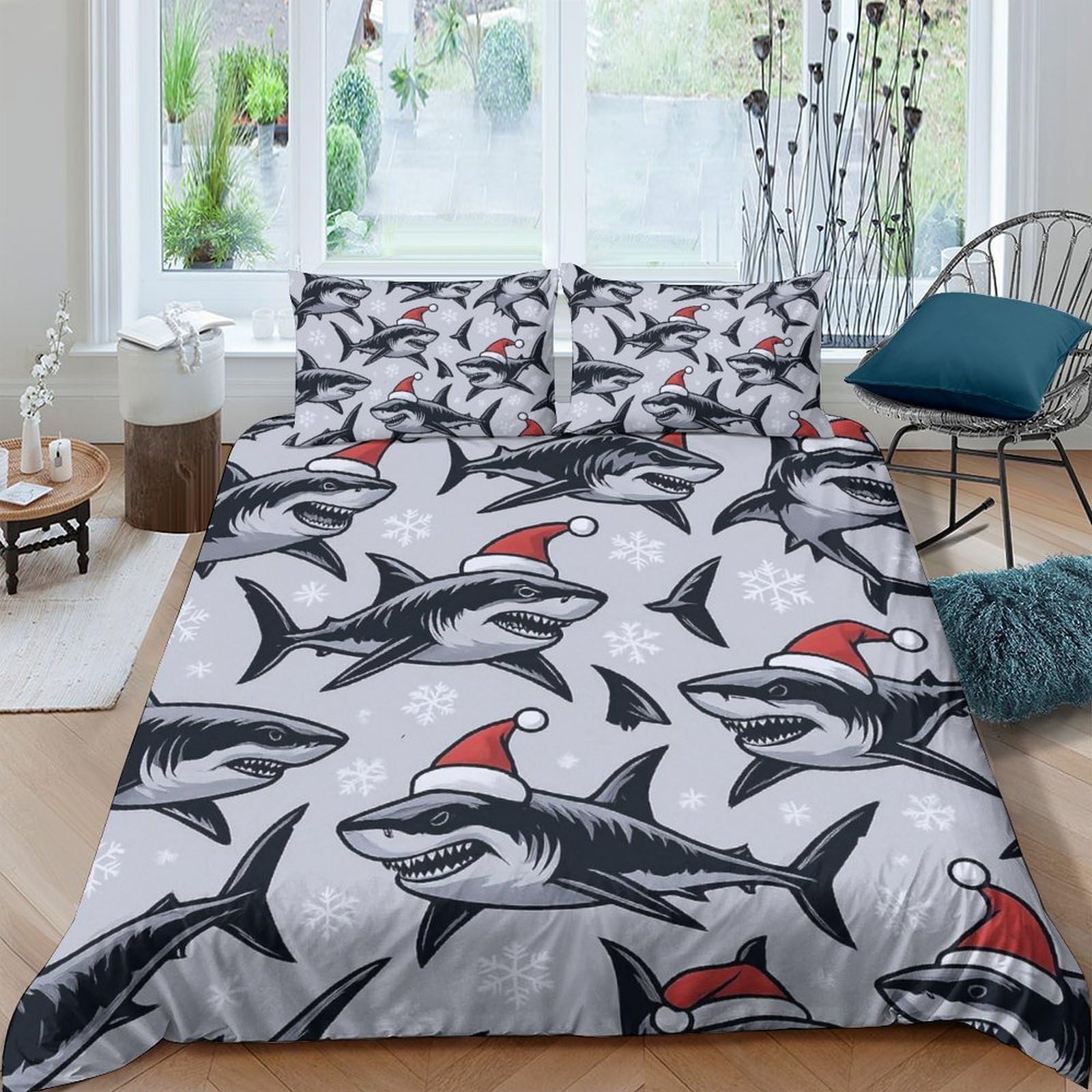 Ctjqhvkz Style-8 3D Printed Christmas Shark Fitted Sheet Microfiber Soft Breathable Santa Hat Bed Cover For Bedroom Guest Room Decor Single（135X200cm）