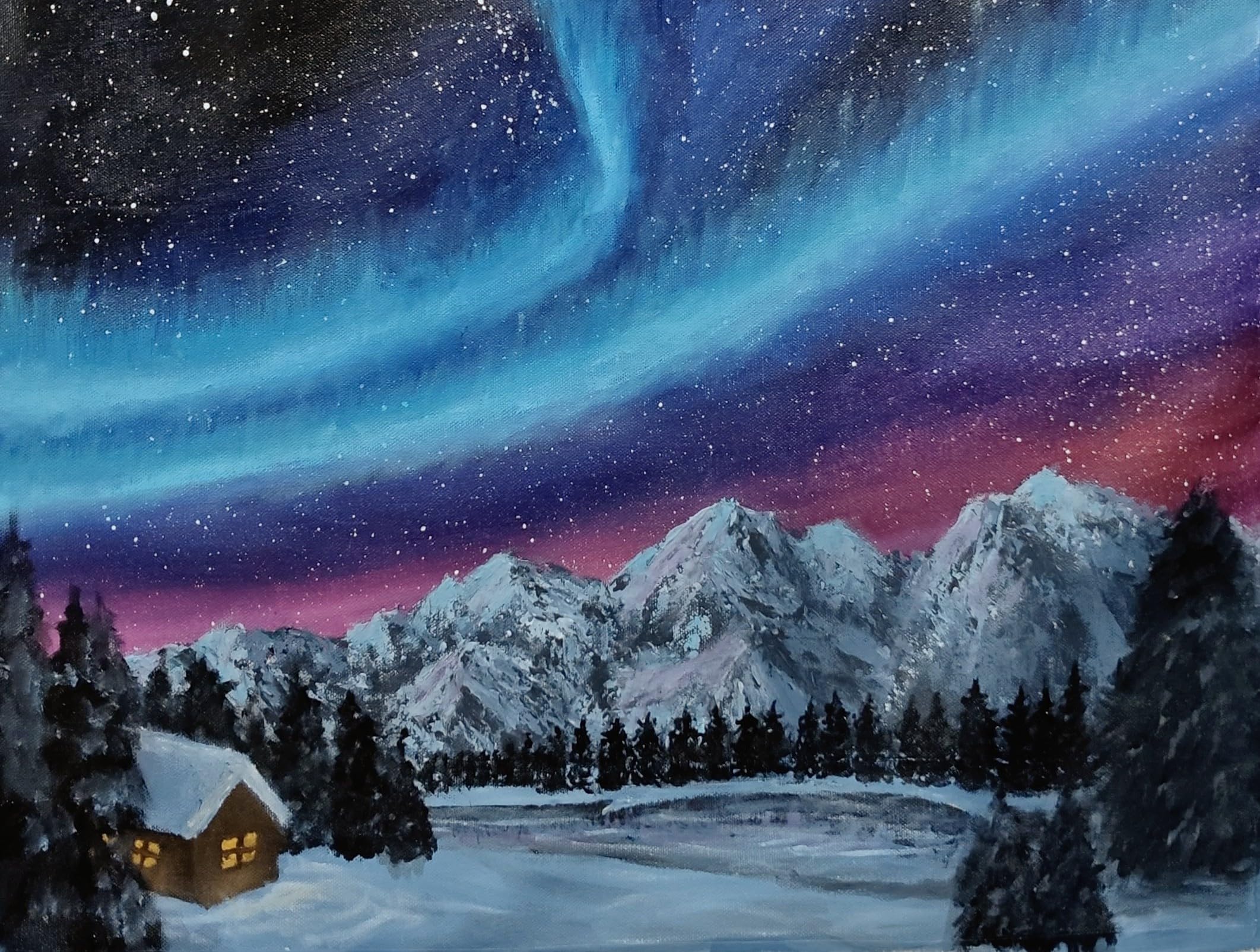 Aurora Original Acrylic Painting Winter Night Landscape Art | Hand Painted, 58 x 36 cm, Northern Lights Scene, Snowy Mountain Cabin, Acrylic on Canvas-image-27