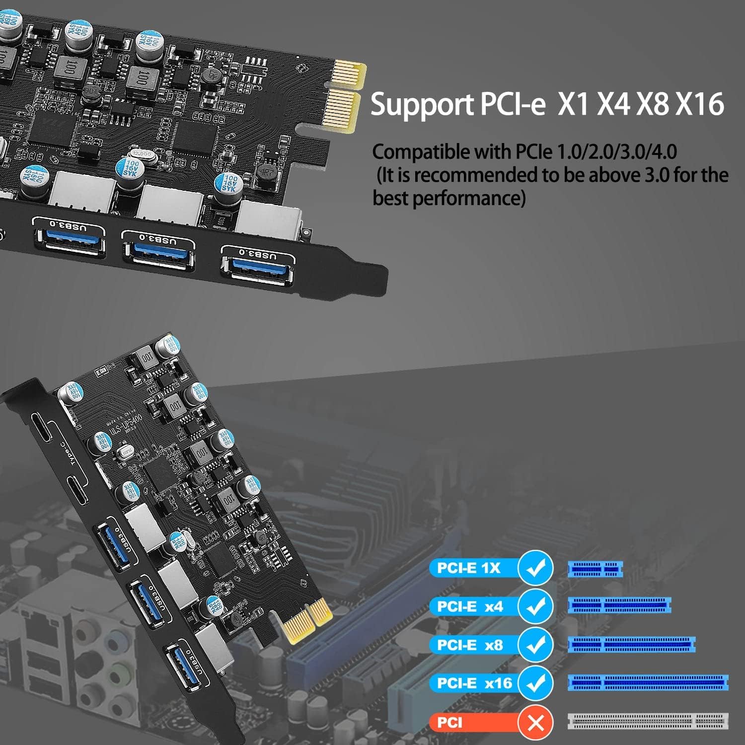 Karta USB C PCIe 5 portów, zasilacz 25 W, karta rozszerzeń USB 3.0 5 Gb/s PCI Express (3 porty typu A i 2 typu C), szybkie ładowanie dla komputerów stacjonarnych