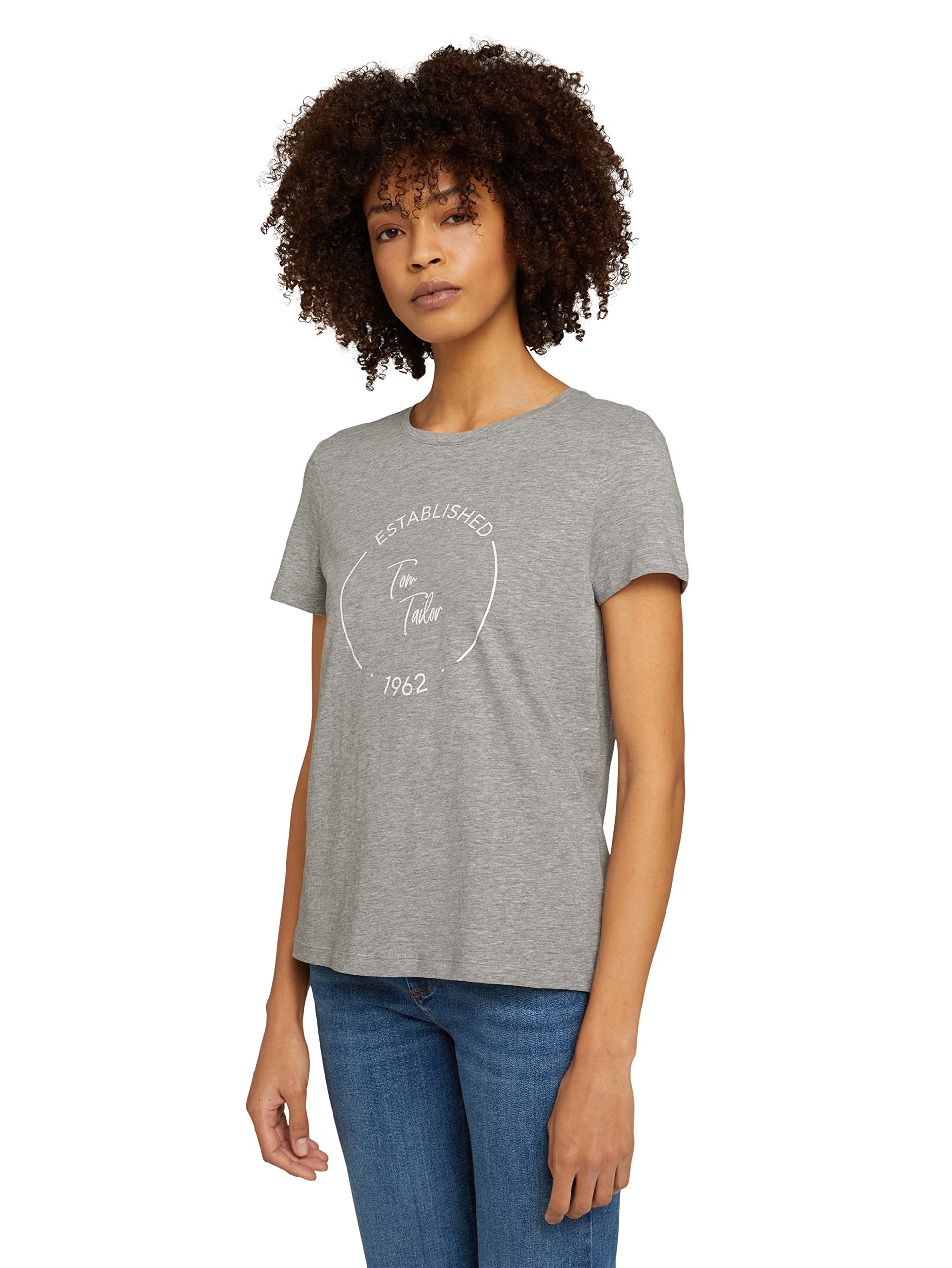 TOM TAILOR Damen Basic T-Shirt mit Print 1032050, 11282 - Silver Grey Melange, M
