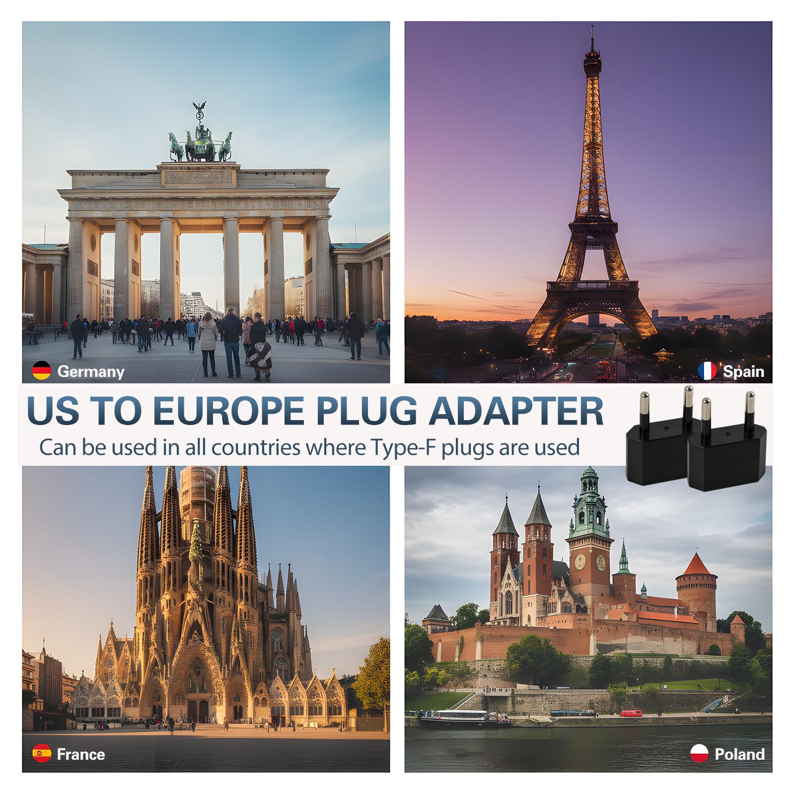 6 Stück US Stecker Adapter auf EU, Reiseadapter USA auf EU, Kompakt Tragbar, USA Kanada Japan Netzteil Adapter für Smartphones Laptops Tablets Bluetooth-Lautsprecher, Euro Steckdose Deutschland Europa