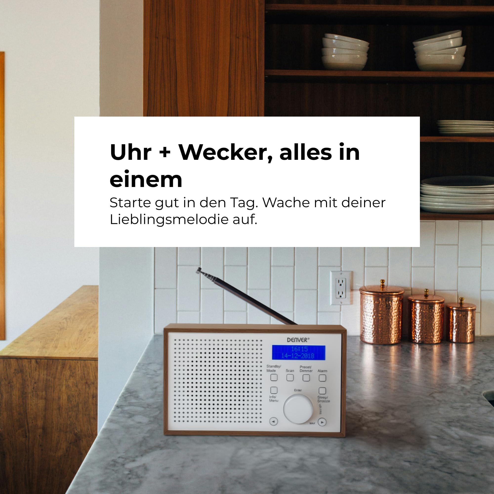 Enver DAB-46W Digitalradio DAB+ FM Wecker Holzoptik Weiß | LCD-Display, automatische Uhrzeit, Teleskopantenne, Netzteil, 4x AA