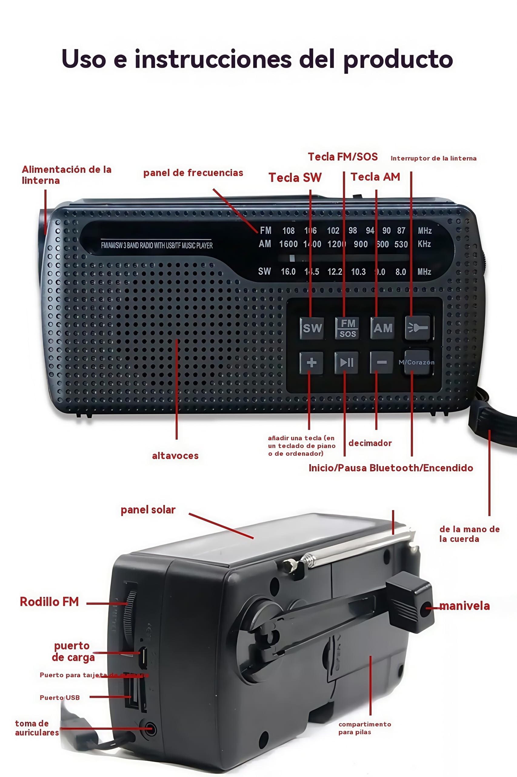 Radio Manivela de Emergencia Portátil, Radio Am/FM/SW Recargable Solar y por Manivela,con Linterna LED,2000mAh Powerbank,Bluetooth 5.0, Cargador Celular, Alarma SOS para Camping y Supervivencia