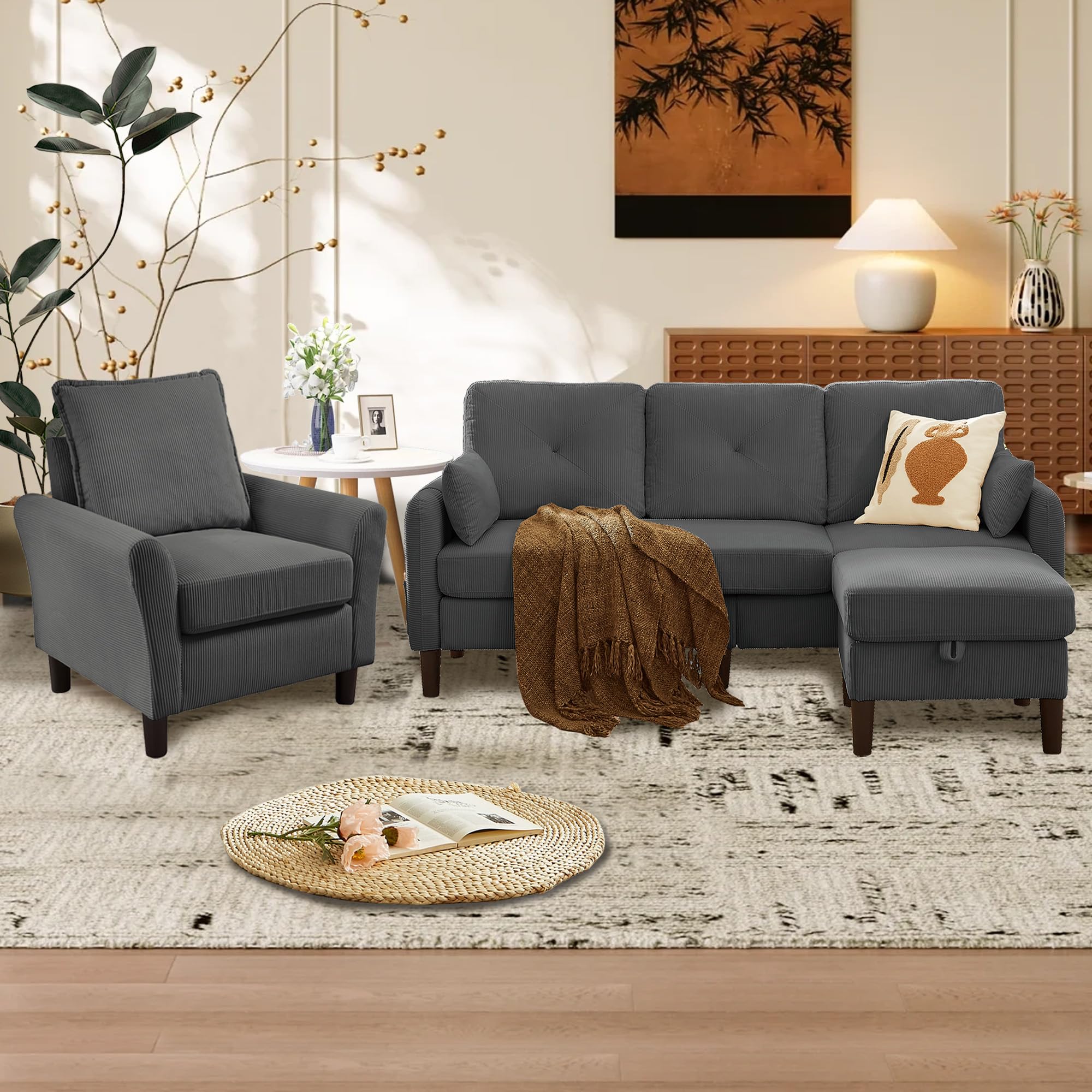 3 Piece Sofa Set for Living Room, 3 Seat &amp; Armchair &amp; Ottoman, Sectional Living Room Furniture Set, Corduroy Couch Sets with Side Pockets, Dark Grey
