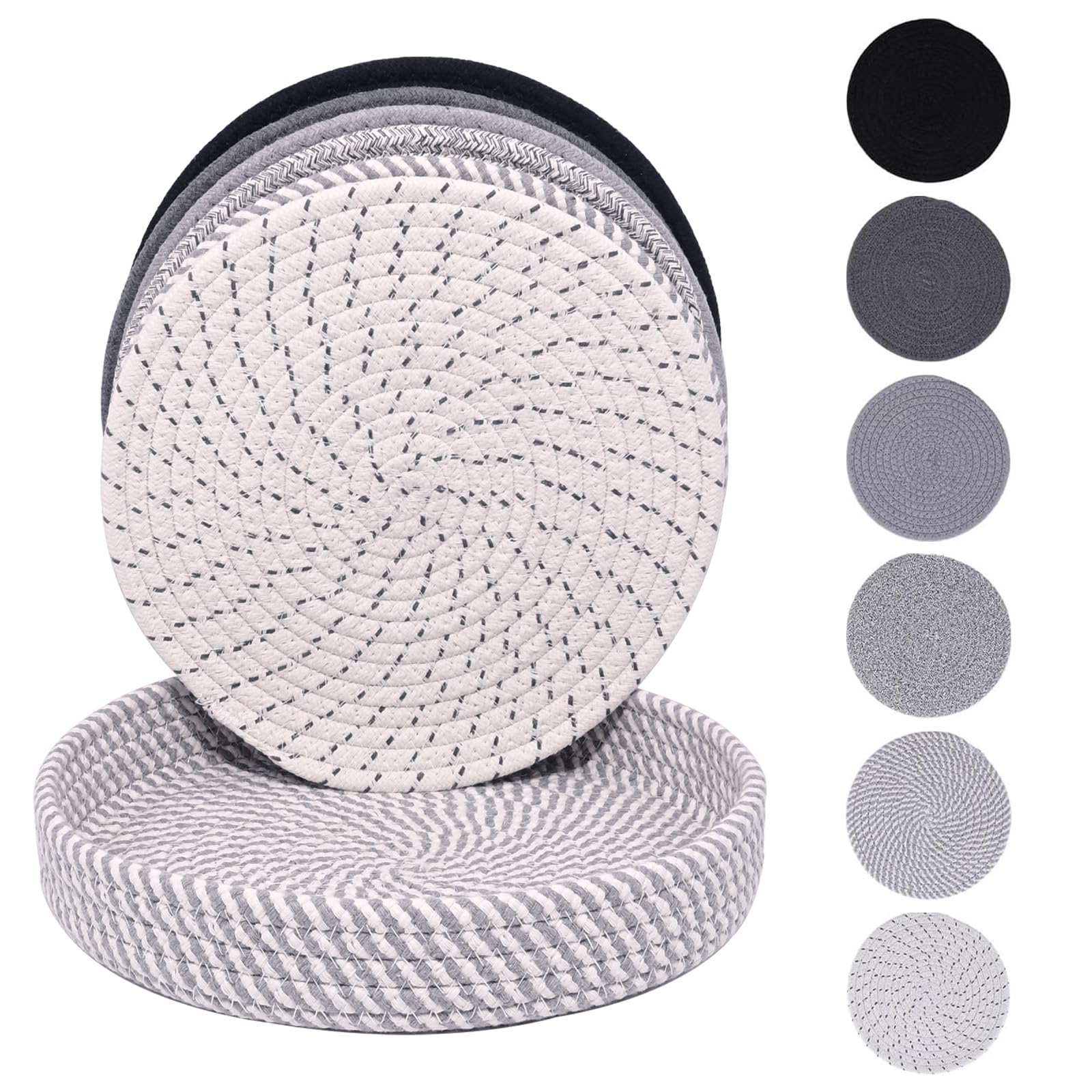 JIngJIALii 6 Pack 10 Inch Cotton Trivets for Hot Dishes, Ash Gray Round Trivets with Storage Basket