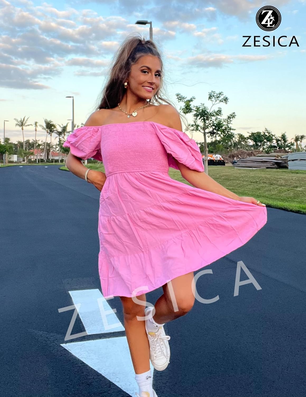 ZESICA Women's Boho 2026 Summer Square Neck Puff Sleeve Off Shoulder Smocked Tiered Casual A Line Short Mini Dress - Image 9