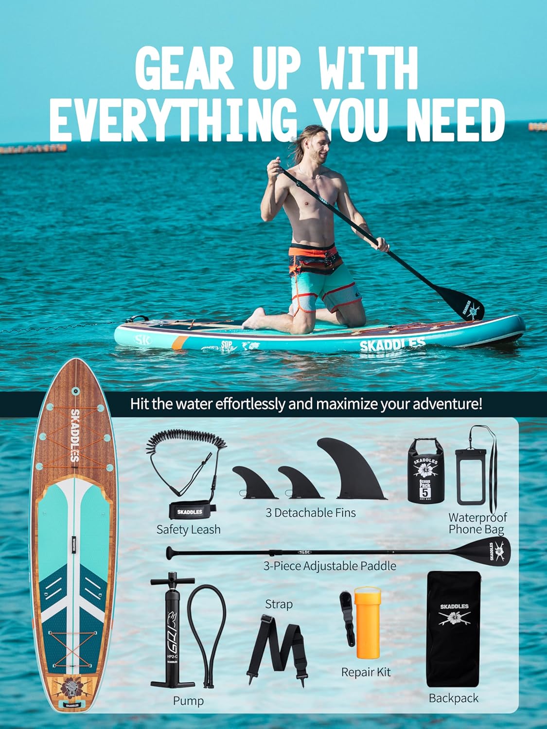 11' Inflatable Stand Up Paddle Board – Extra Wide SUP for Adults & Kids of All Skill Levels, Stable Paddleboard with Pump, Fins, Backpack, Accessories & Waterproof Phone Pouch