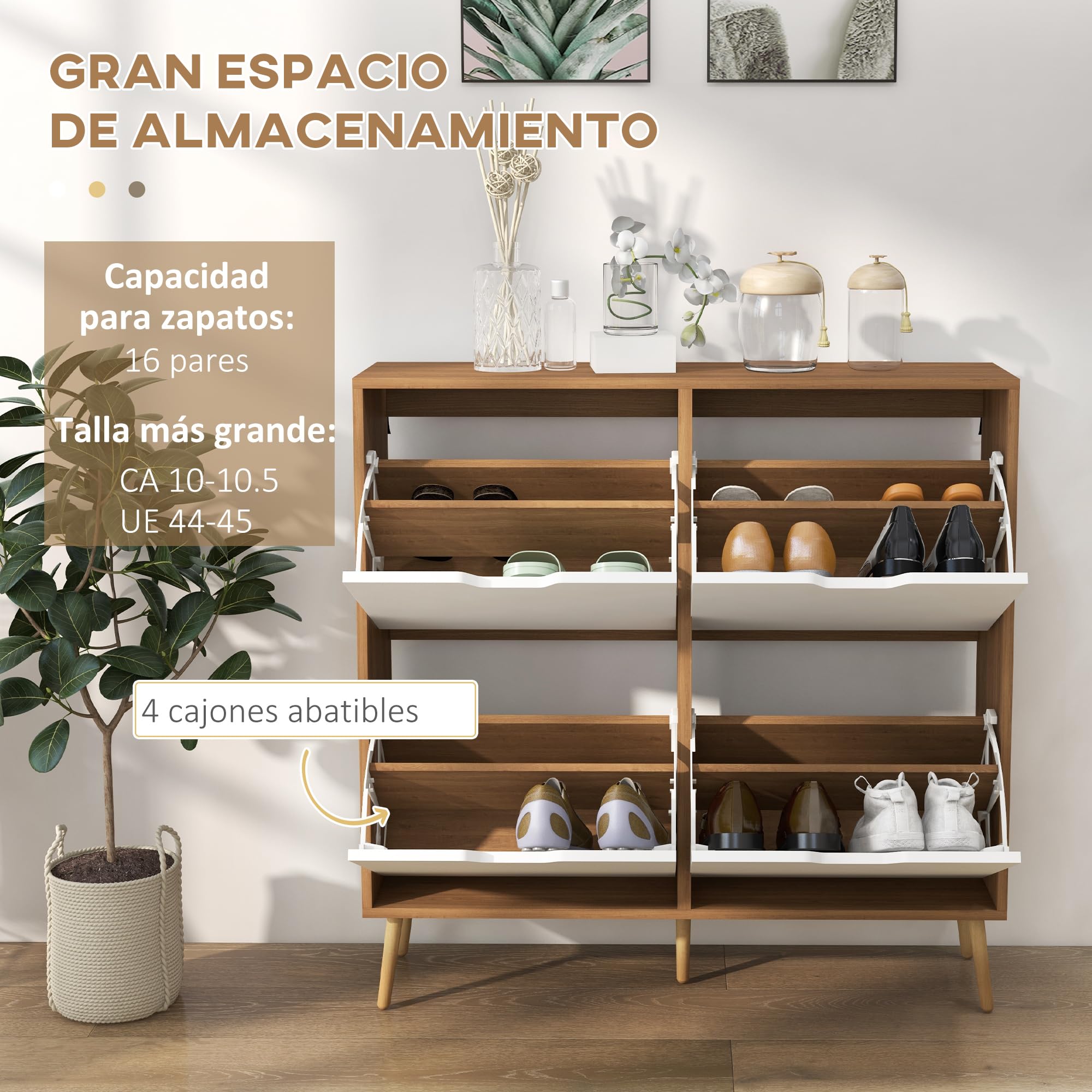 HOMCOM Scarpiera da Ingresso con 4 Cassetti Ribaltabili a 2 Livelli per 16 Paia di Scarpe, Mobile Scarpiera Salvaspazio con Ripiani Regolabile in Truciolato e Legno di Pino, 95x26x95 cm, Color Legno