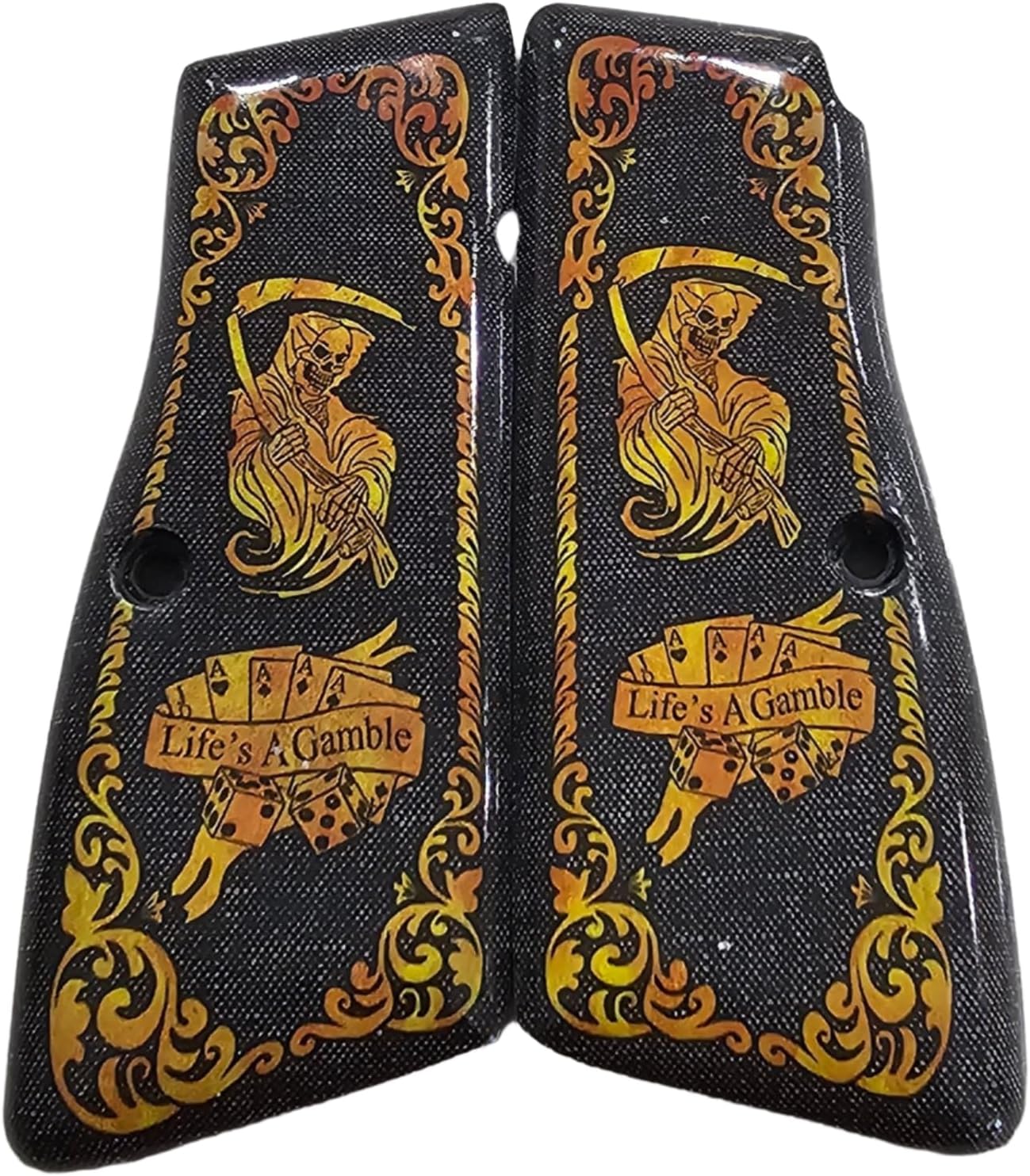 Custom Melamine Grips for Browning Hi-Power Life is a Gamble Grim Reaper Design Durable and Unique Pistol Grips