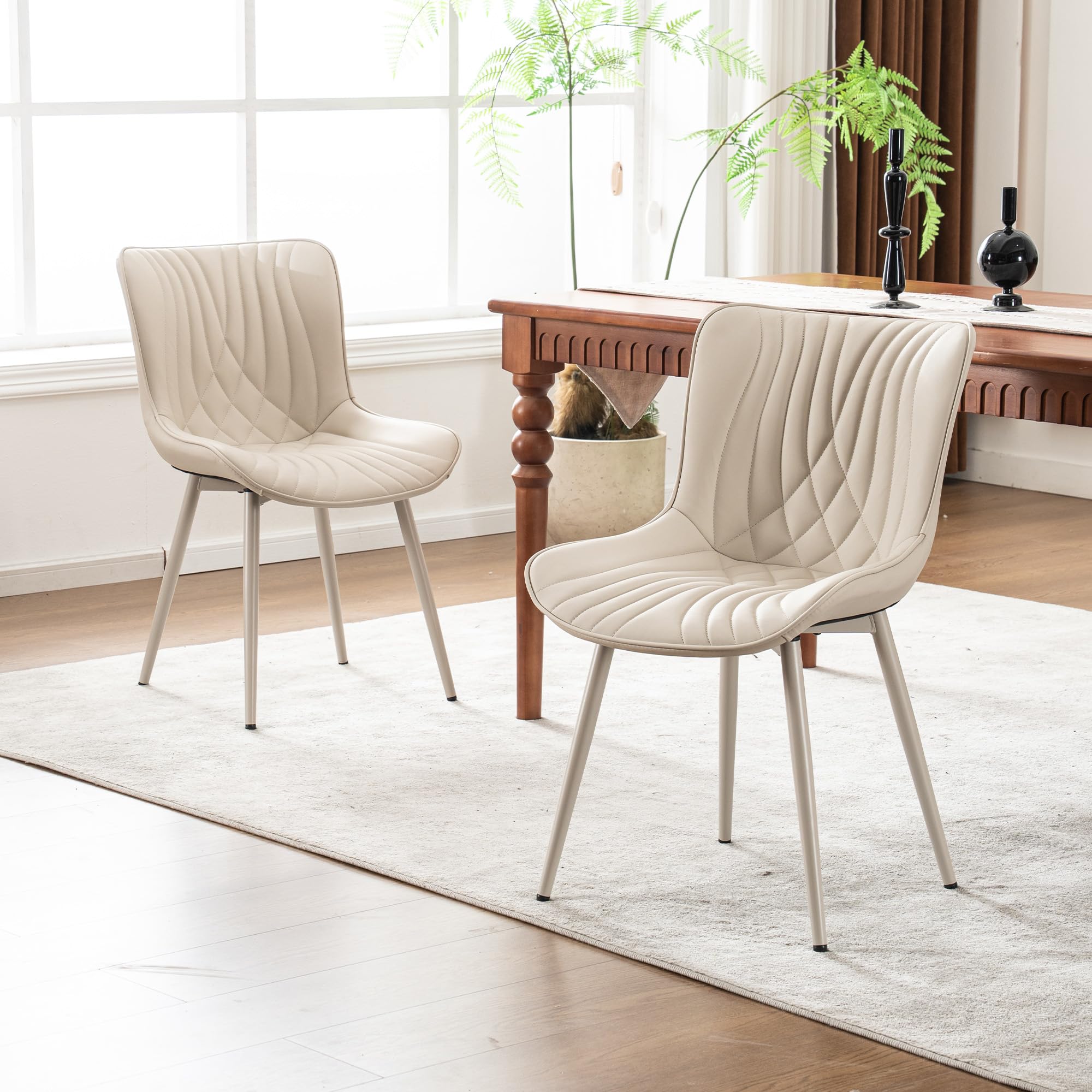 YOUTASTE Cream Dining Chairs Set of 2, Mid Century Modern Comfy Kitchen Chair, Upholstered Faux Leather, Cream Metal Legs, Armless Accent Chairs for