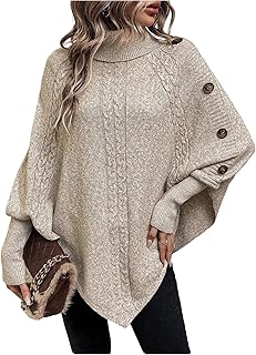 Women's Poncho Sweater Asymmetrical Turtleneck Knit Pullover Sweater But...