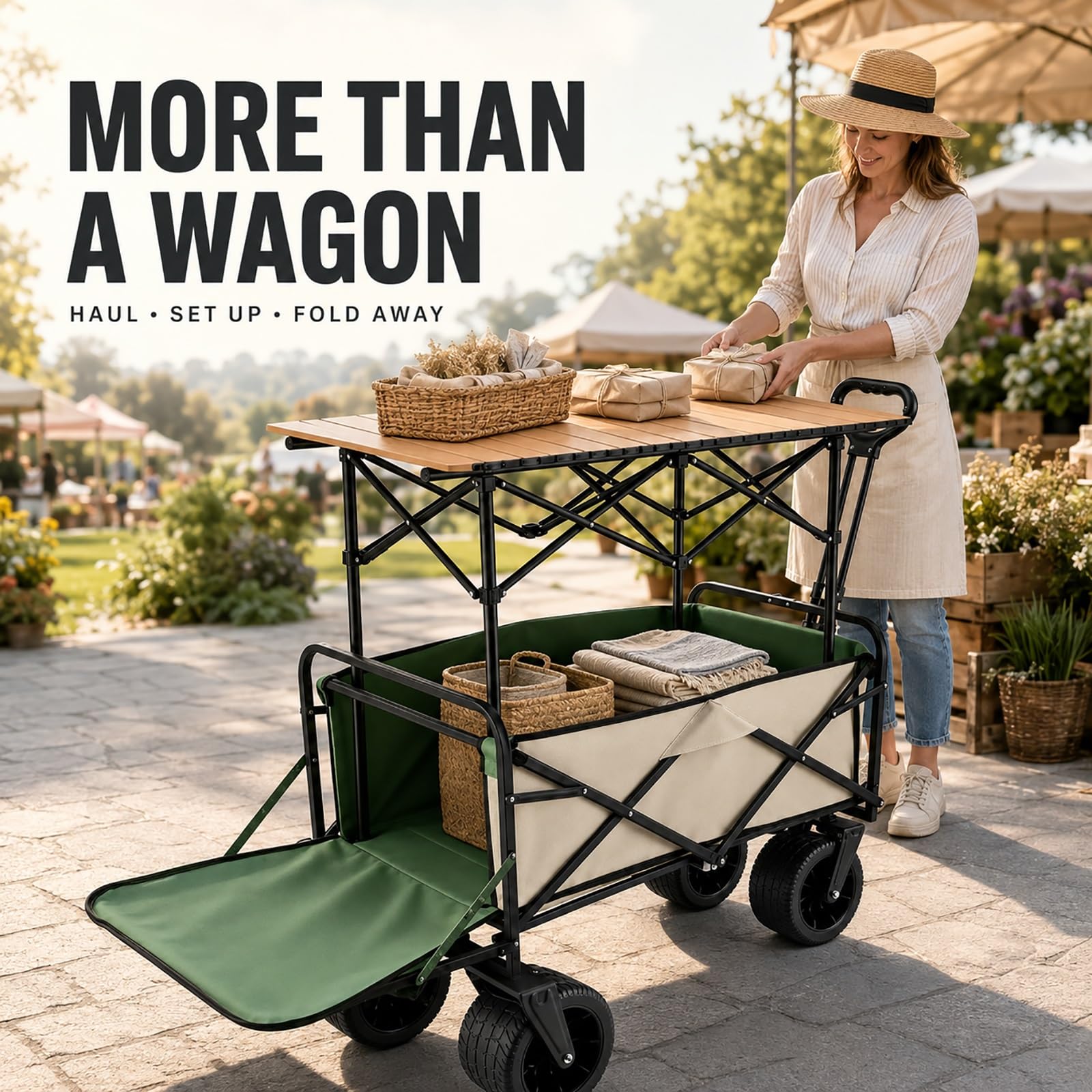 Foldable Utility Wagon with Tabletop Heavy Duty Camping Cart