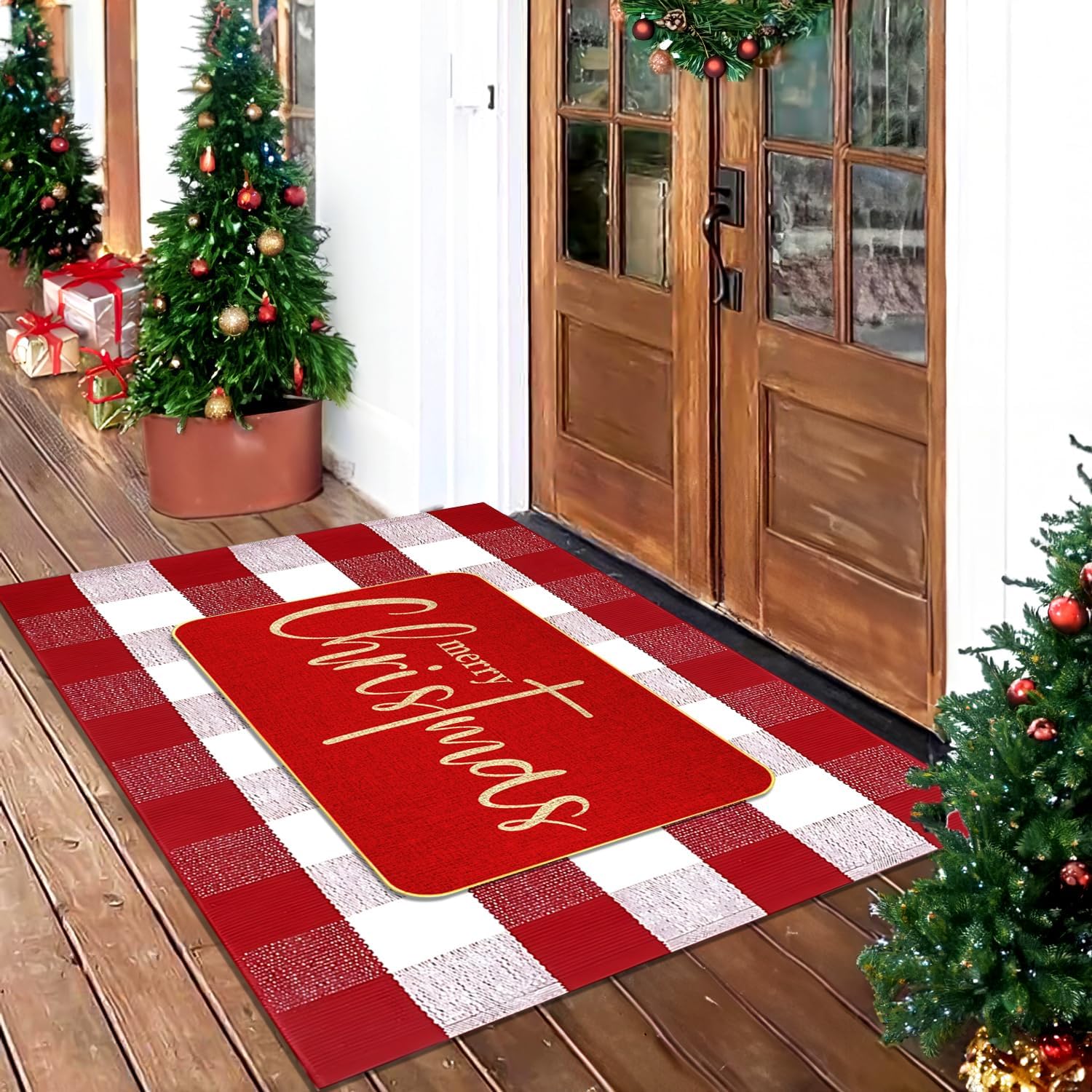 Christmas Door Mat Combo Set - Merry Christmas Welcome Mat + 28 x 43 Inch Red and White Plaid Rug, New Year Holiday Christmas Collection Doormat Layered Entryway Decor for Indoor Outdoor Use
