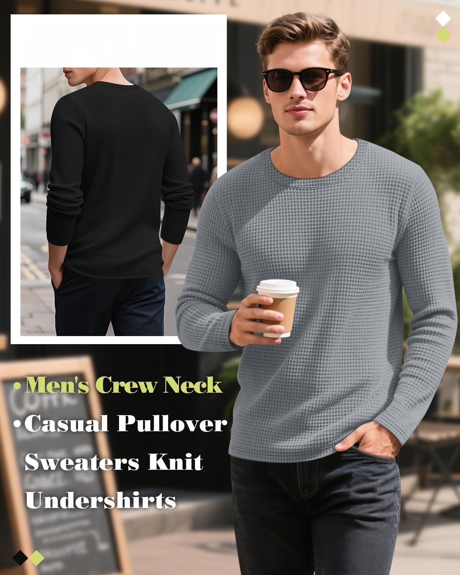 Camicie da uomo a maniche lunghe a nido d'ape, biancheria intima termica, girocollo, maglioni, pullover casual, top in maglia testurizzata strato di base